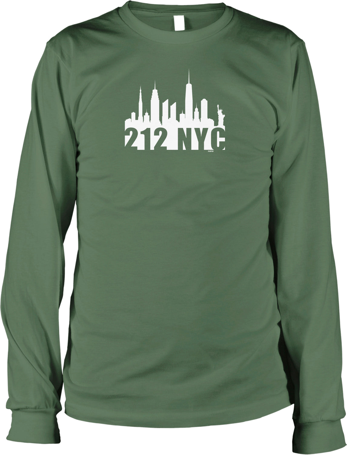 A green long-sleeved t-shirt with a white graphic design depicting the skyline of New York City.