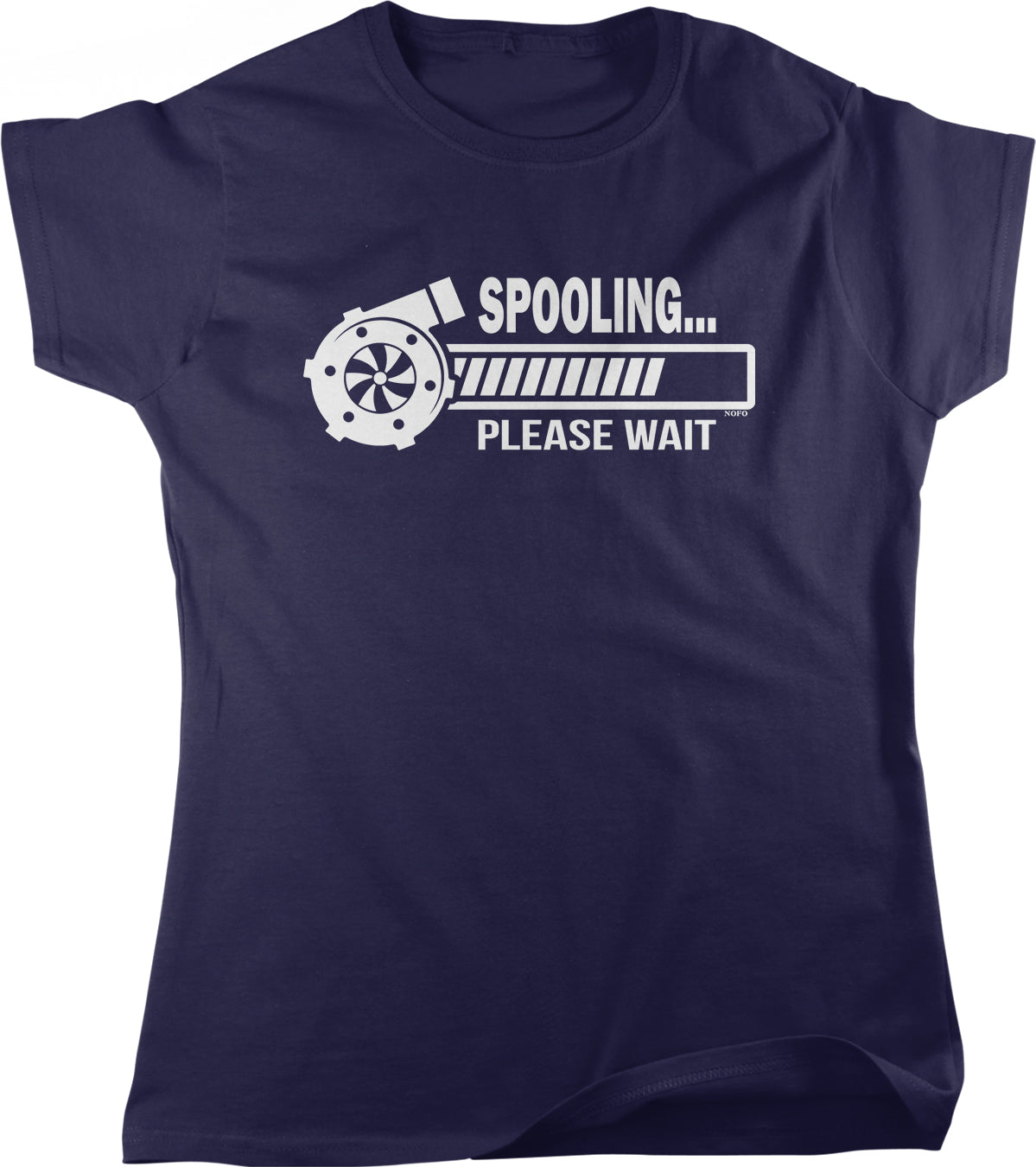 A dark blue t-shirt with a white graphic design that says "SPOOLING... PLEASE WAIT".