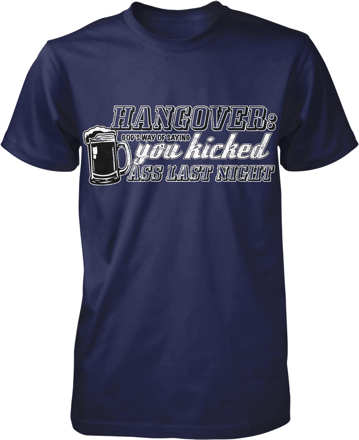 A navy blue t-shirt with a humorous text and graphic design.