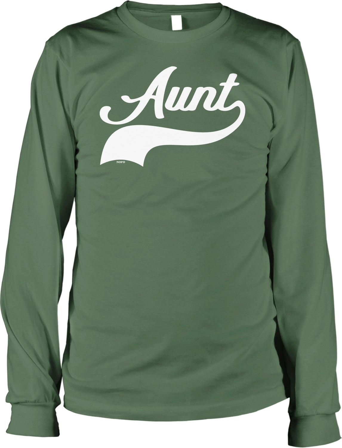 A long-sleeved green t-shirt with the word "Aunt" printed in white on the front.