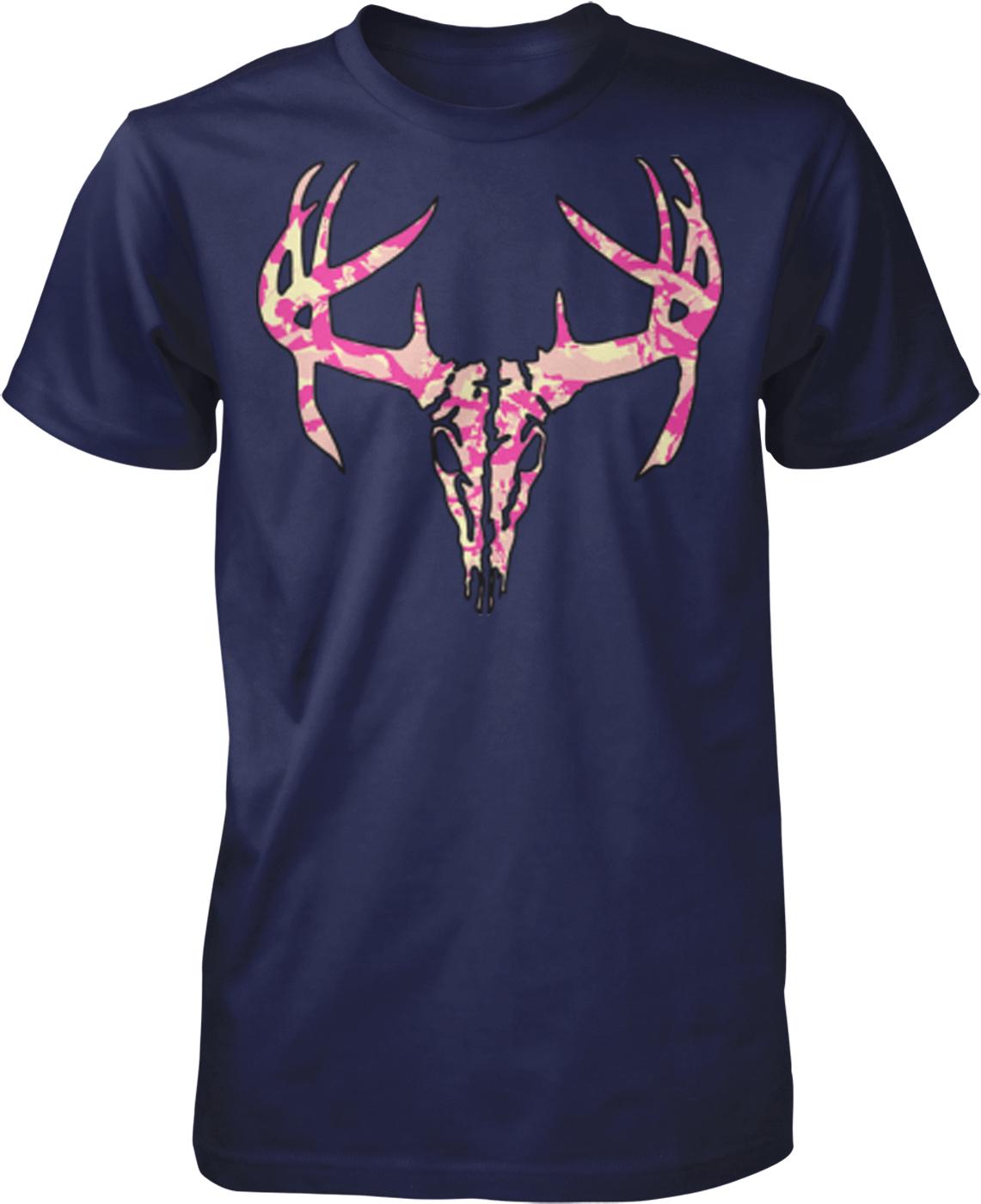 A navy blue t-shirt with a graphic design of a deer skull and antlers in pink and white colors.