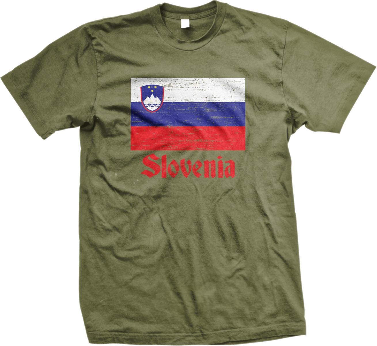 A green t-shirt with the flag of Slovenia printed on it.