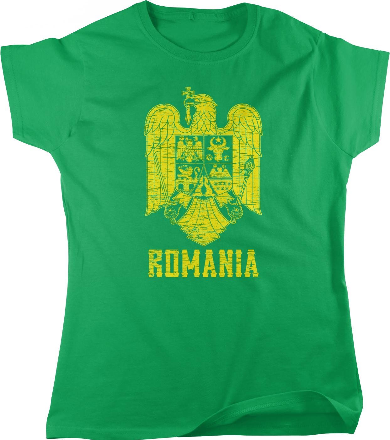A green t-shirt with a yellow graphic design depicting the coat of arms of Romania.
