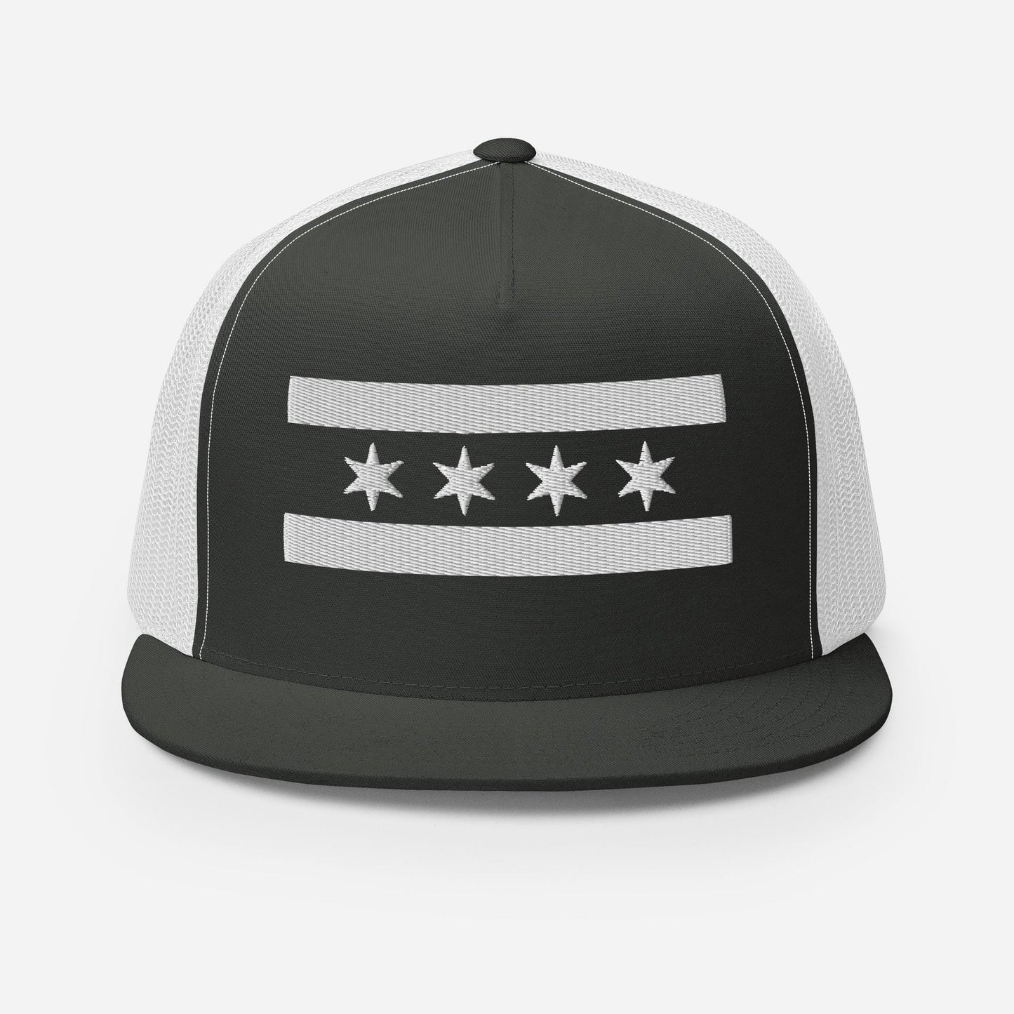 A black and white baseball cap with a white stripe and three white stars on the front.