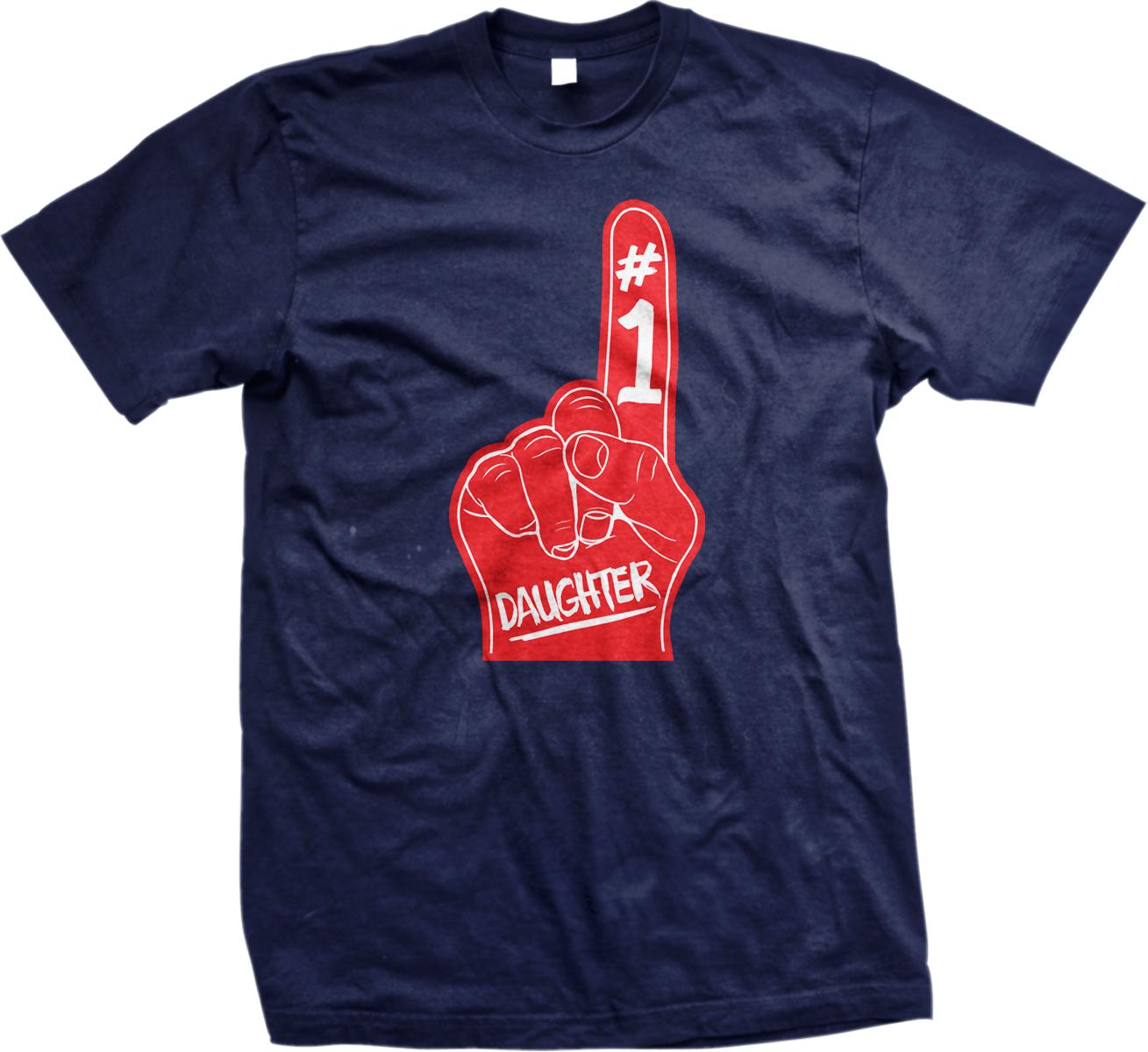 A navy blue t-shirt with a red and white graphic design depicting a hand with the number 1 on it, along with the text "Daughter".