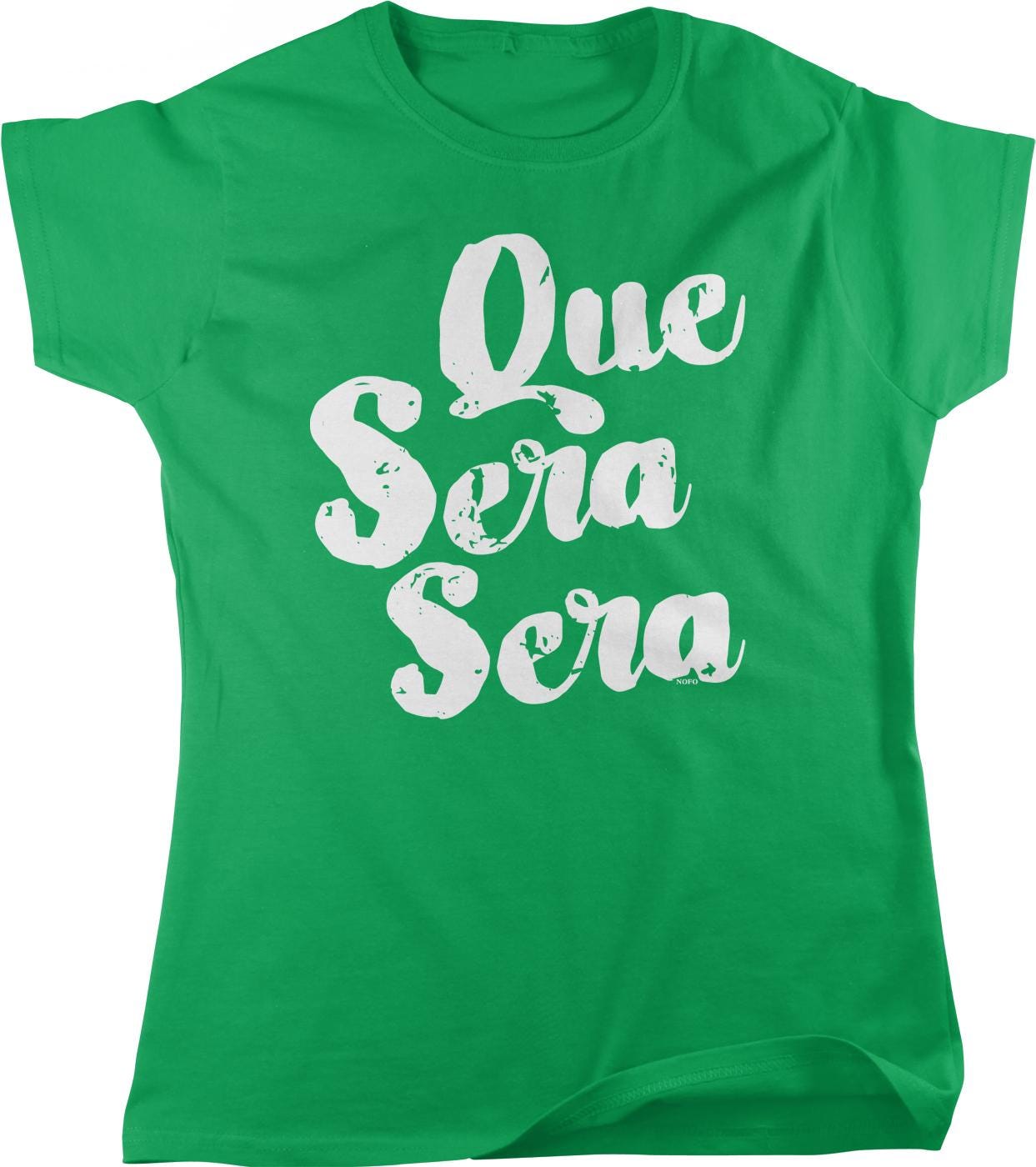 A green t-shirt with white text printed on it.