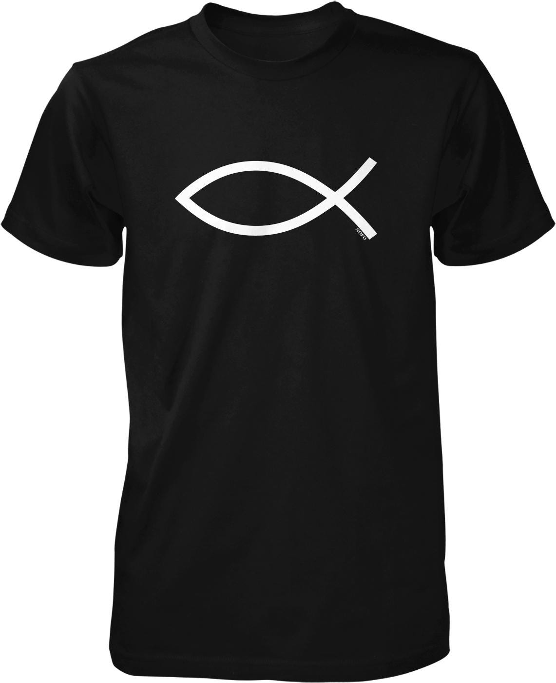 A black t-shirt with a white fish symbol printed on it.