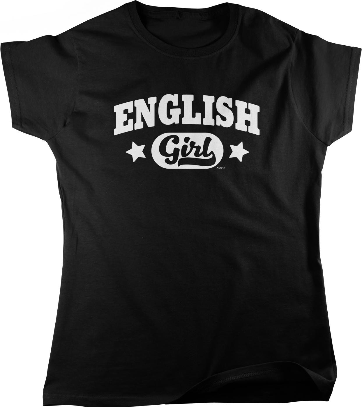 A black t-shirt with white text that says "ENGLISH GIRL".