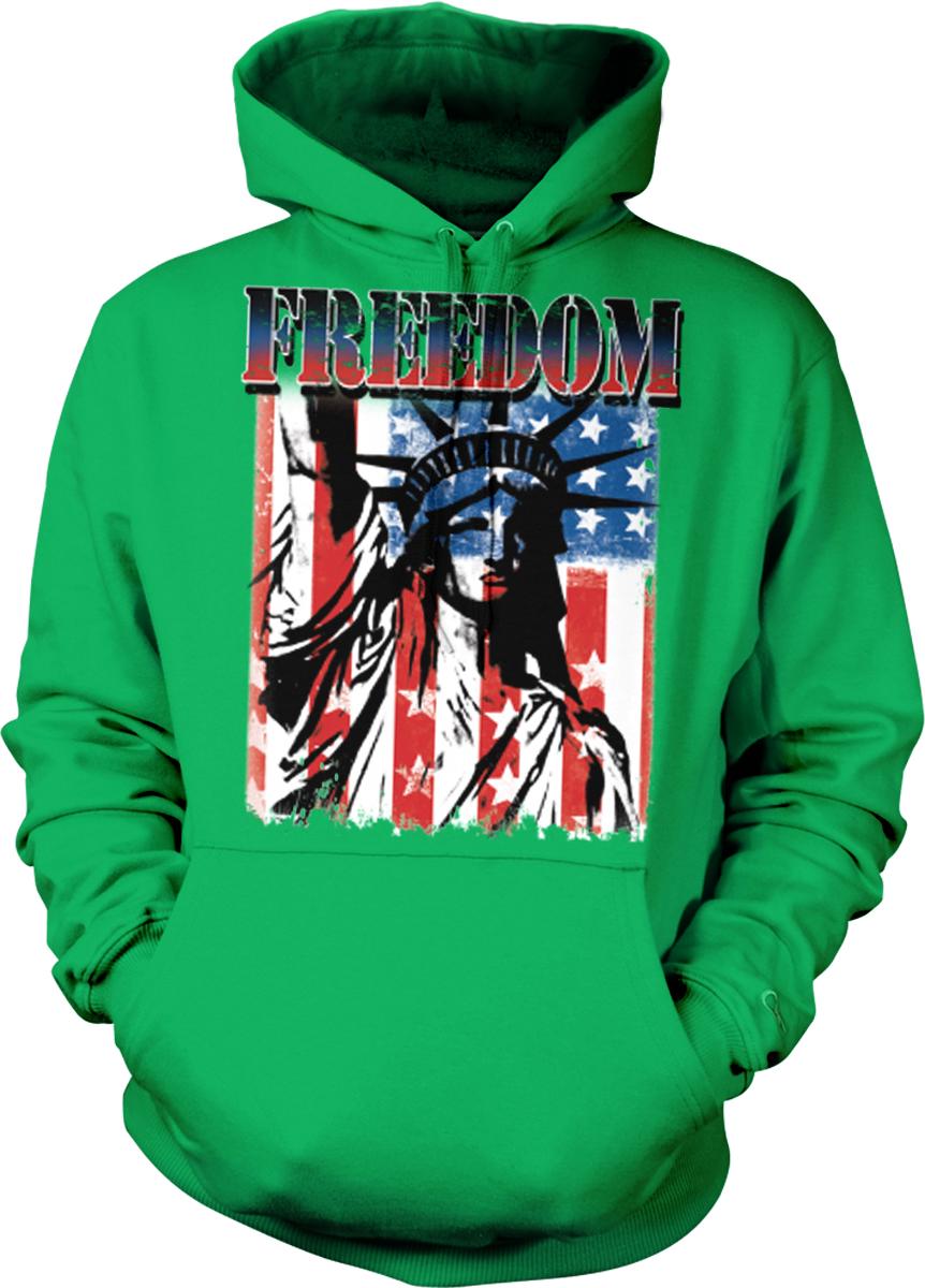 A green hoodie with a graphic design featuring the Statue of Liberty and an American flag.