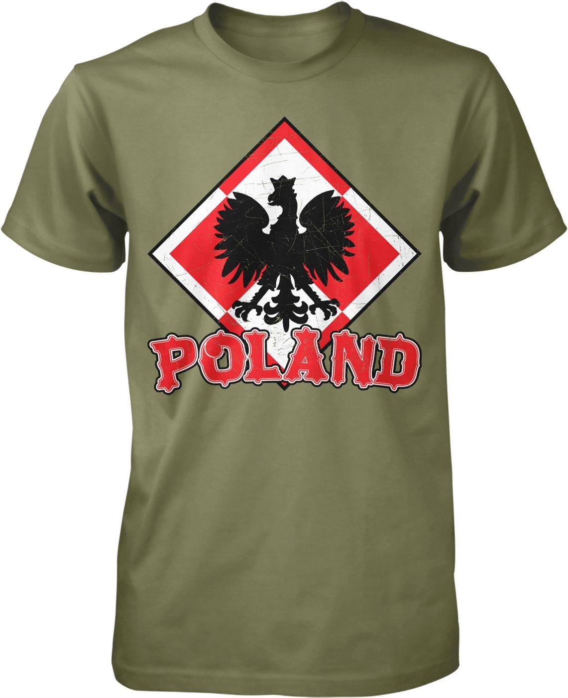 A green t-shirt with a graphic design featuring a black bird, possibly a rooster, and the word "POLAND" written below it.
