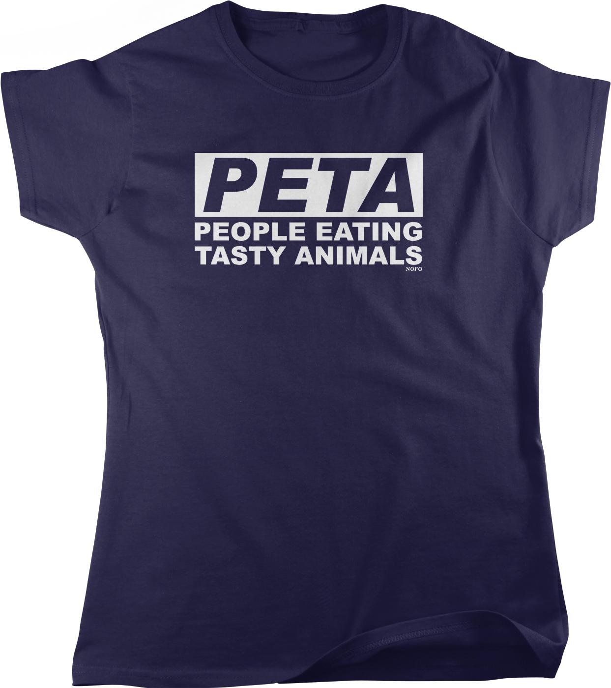 A navy blue t-shirt with the text "PETA PEOPLE EATING TASTY ANIMALS" printed on it.