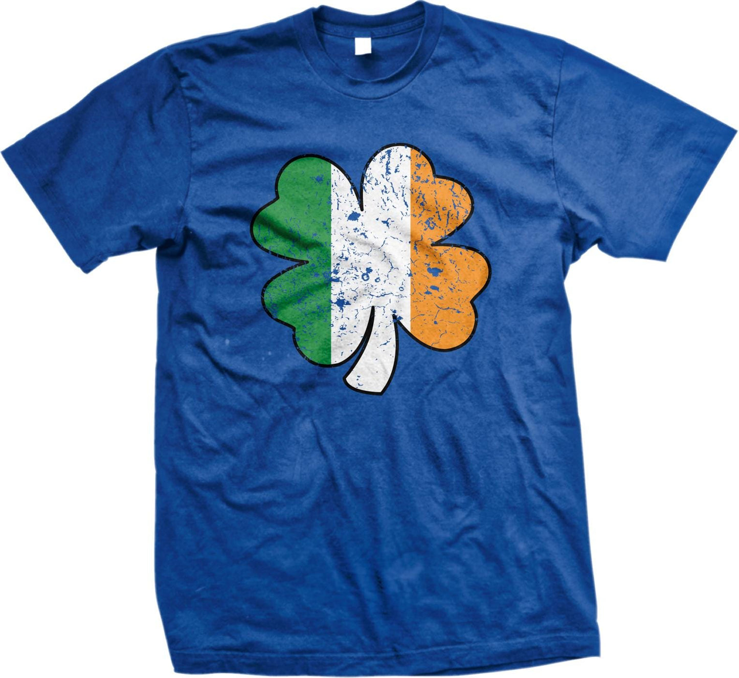 A blue t-shirt with a graphic design of a four-leaf clover, which is a symbol associated with Ireland.
