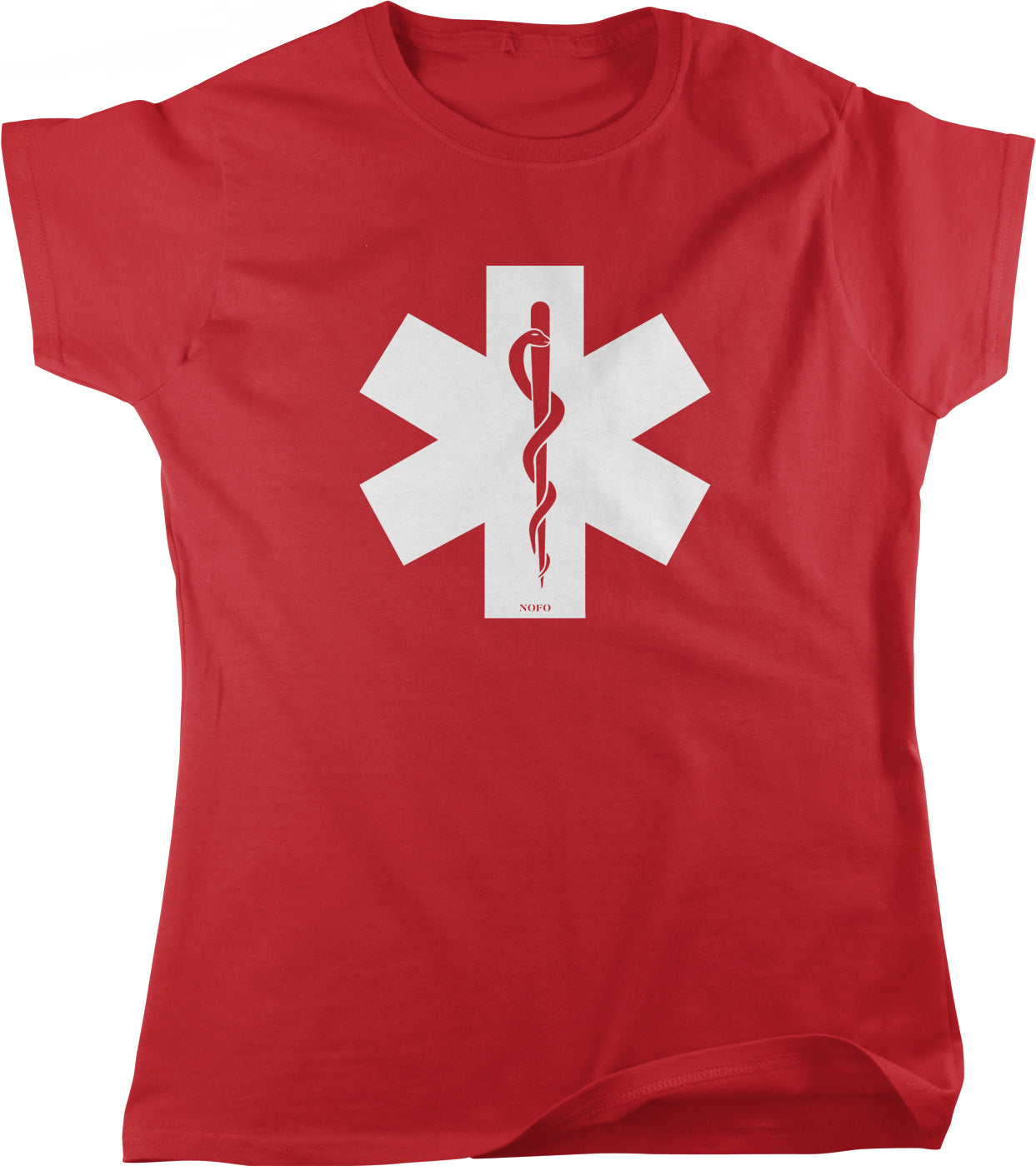 A red t-shirt with a white star-shaped logo featuring a medical symbol, such as a stethoscope or a snake, on it.