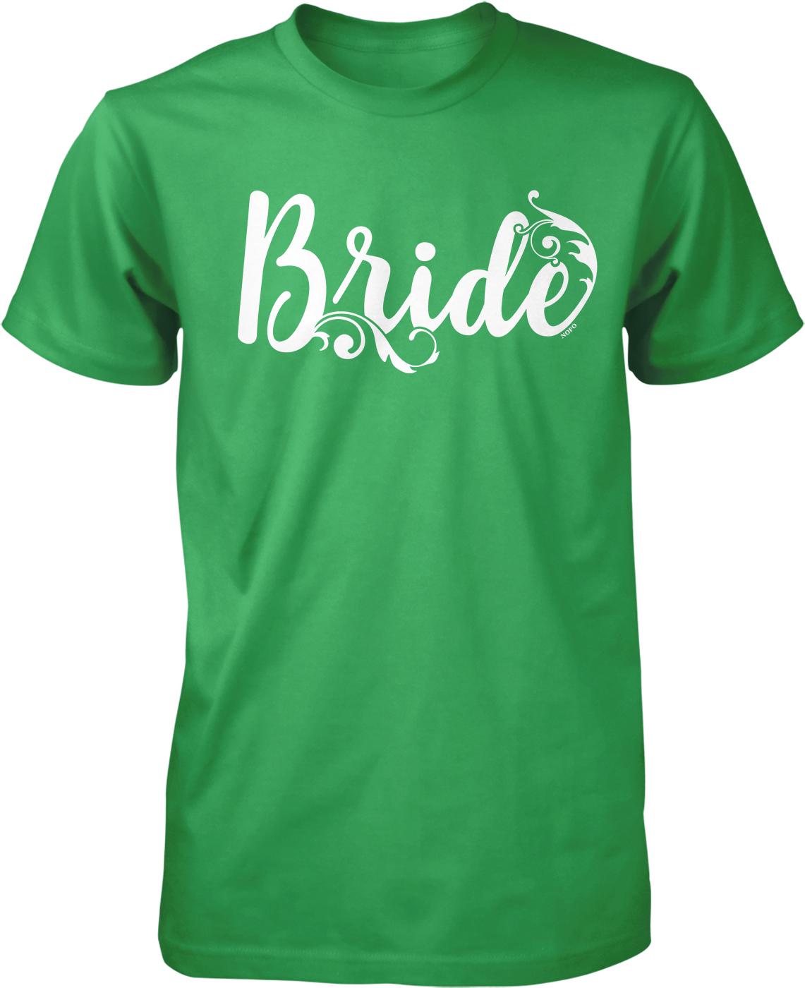 A green t-shirt with the word "Bride" printed in white text.