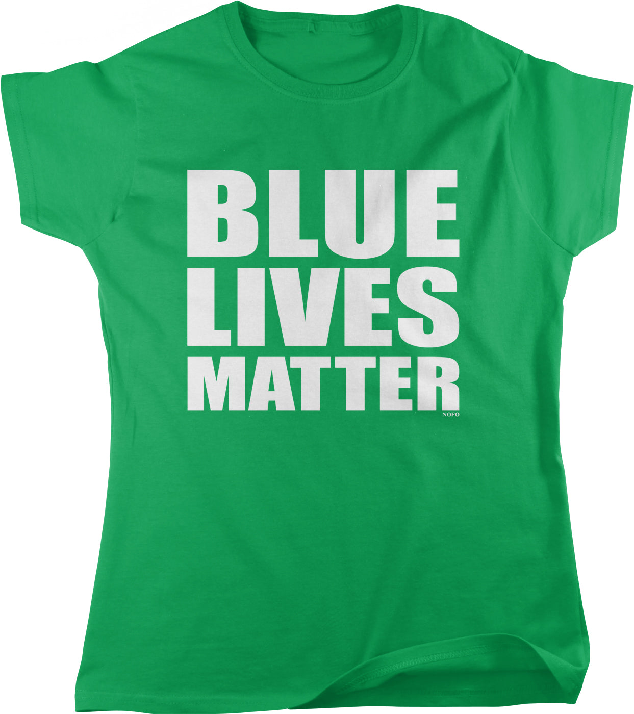 A green t-shirt with the text "BLUE LIVES MATTER" printed on it in white letters.