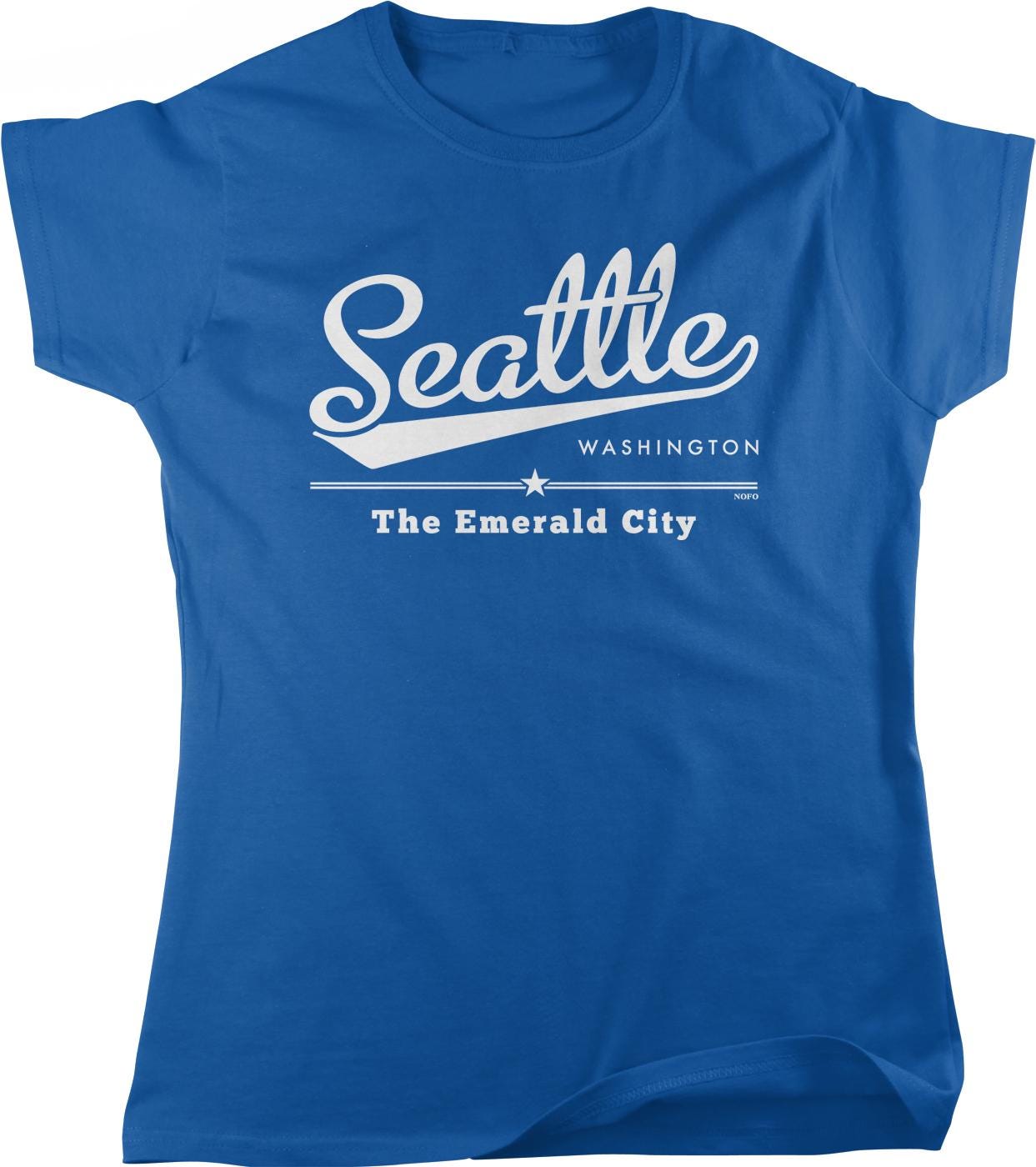 A blue t-shirt with the text "Seattle Washington The Emerald City" printed on it.