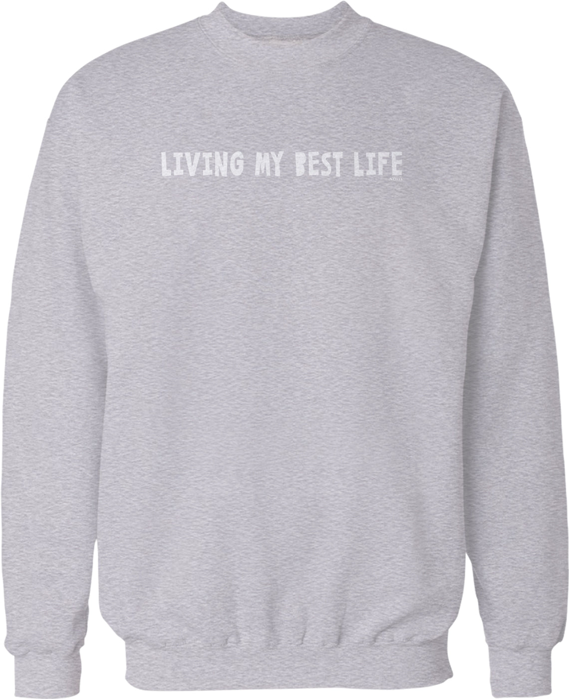 A gray sweatshirt with the text "LIVING MY BEST LIFE" printed on it.