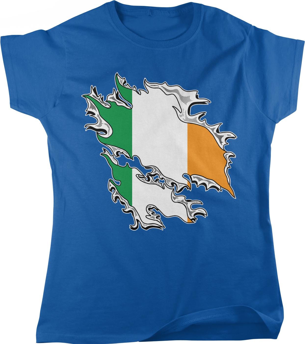 A blue t-shirt with a graphic design depicting the flag of Ireland, which is a stylized representation of the flag with a torn or shredded appearance.