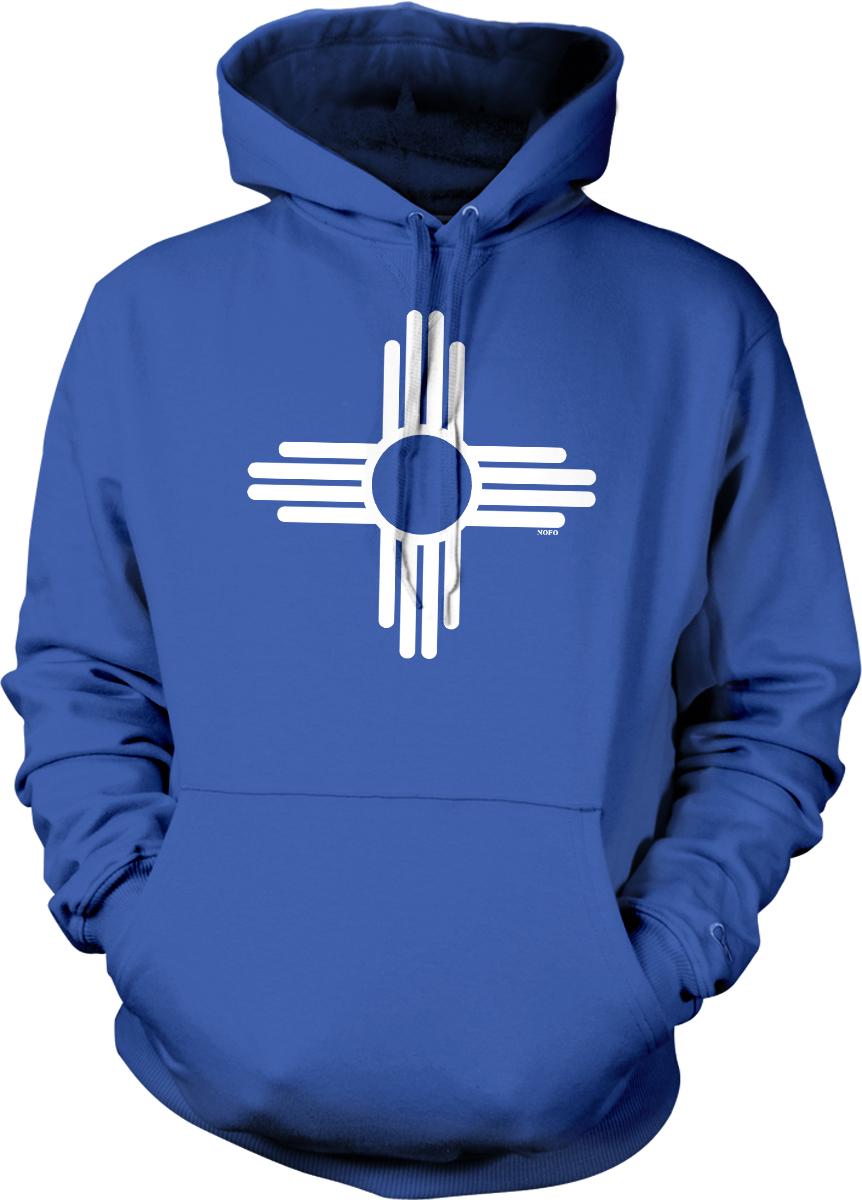 A blue hoodie with a white graphic design on the front.