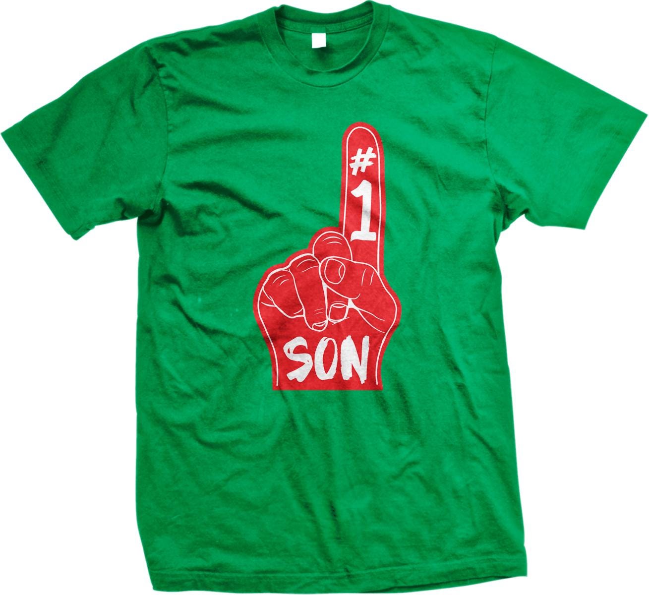 A green t-shirt with a red graphic design on it. The design features a hand with the number 1 on it, and the word "SON" written below it.