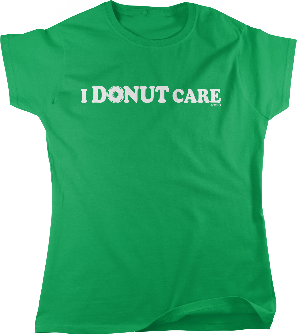 A bright green t-shirt with the text "I DONUT CARE" printed on it.