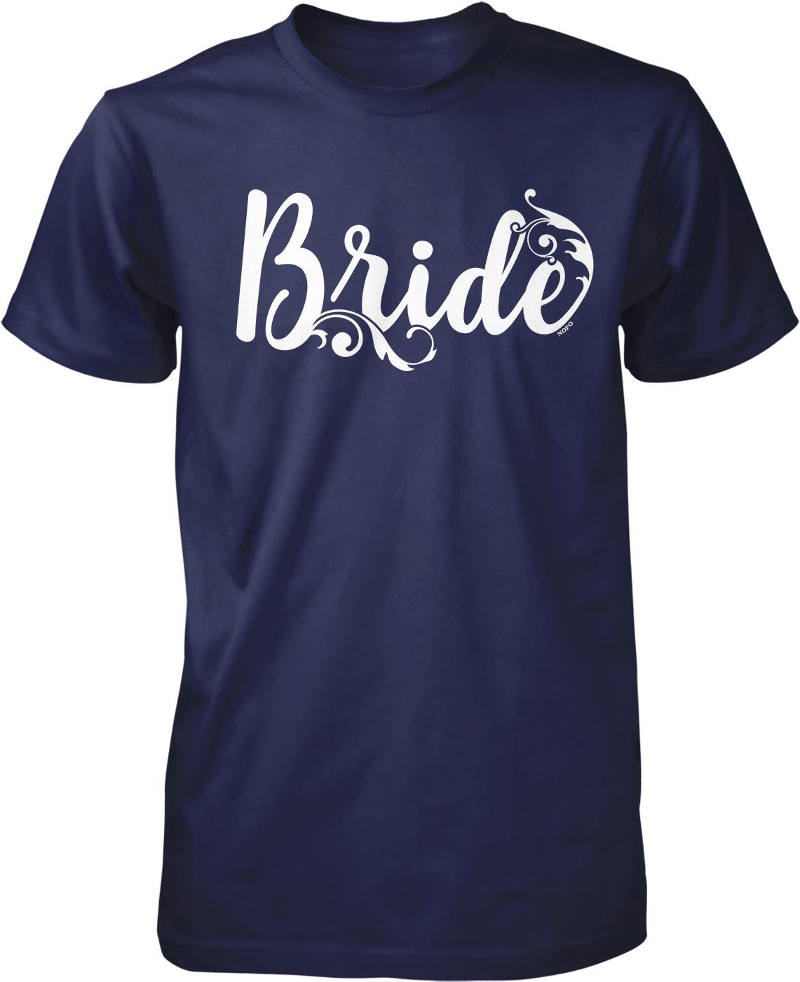 A navy blue t-shirt with the word "Bride" printed in white cursive text.