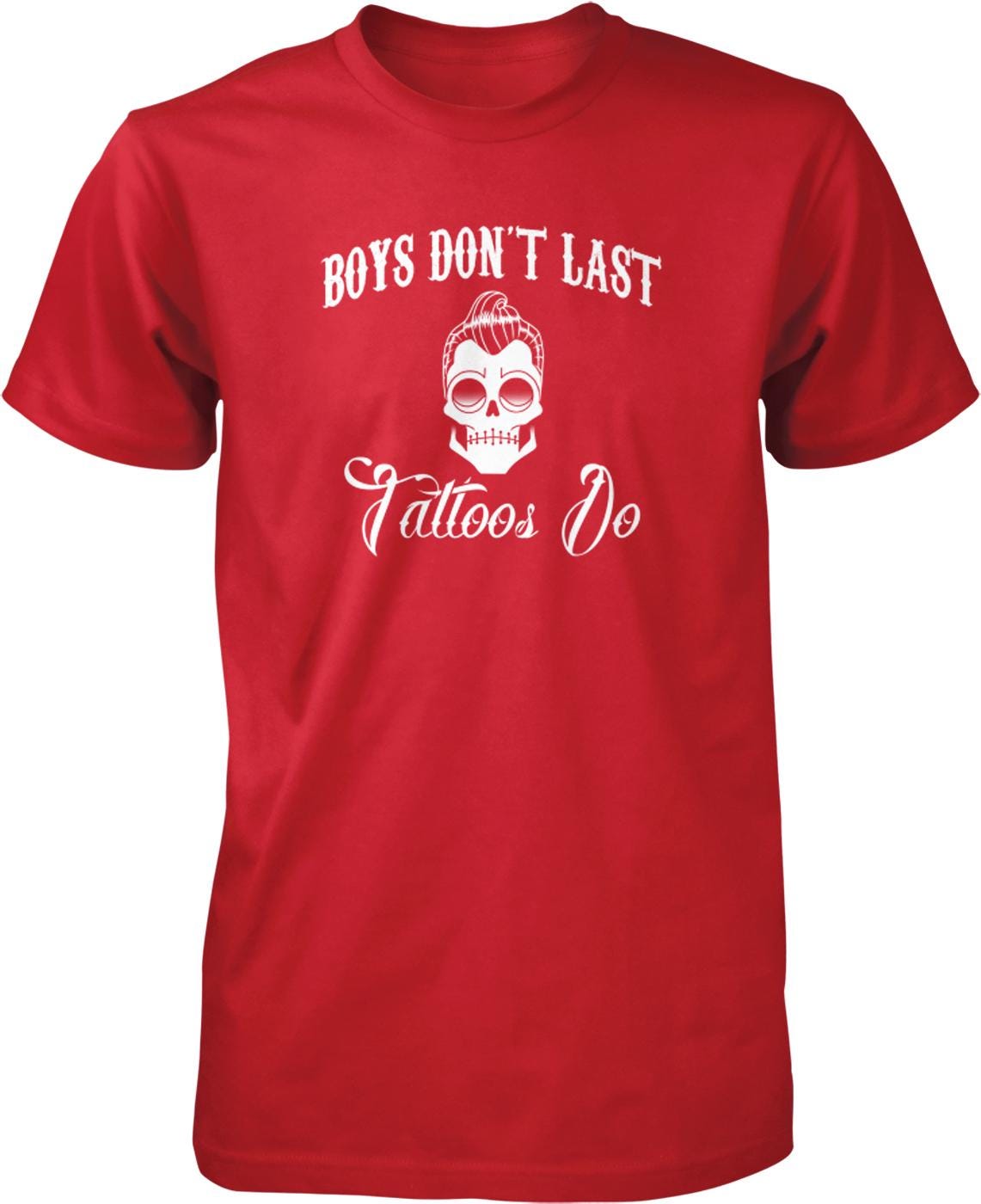 A red t-shirt with white text and a skull graphic.