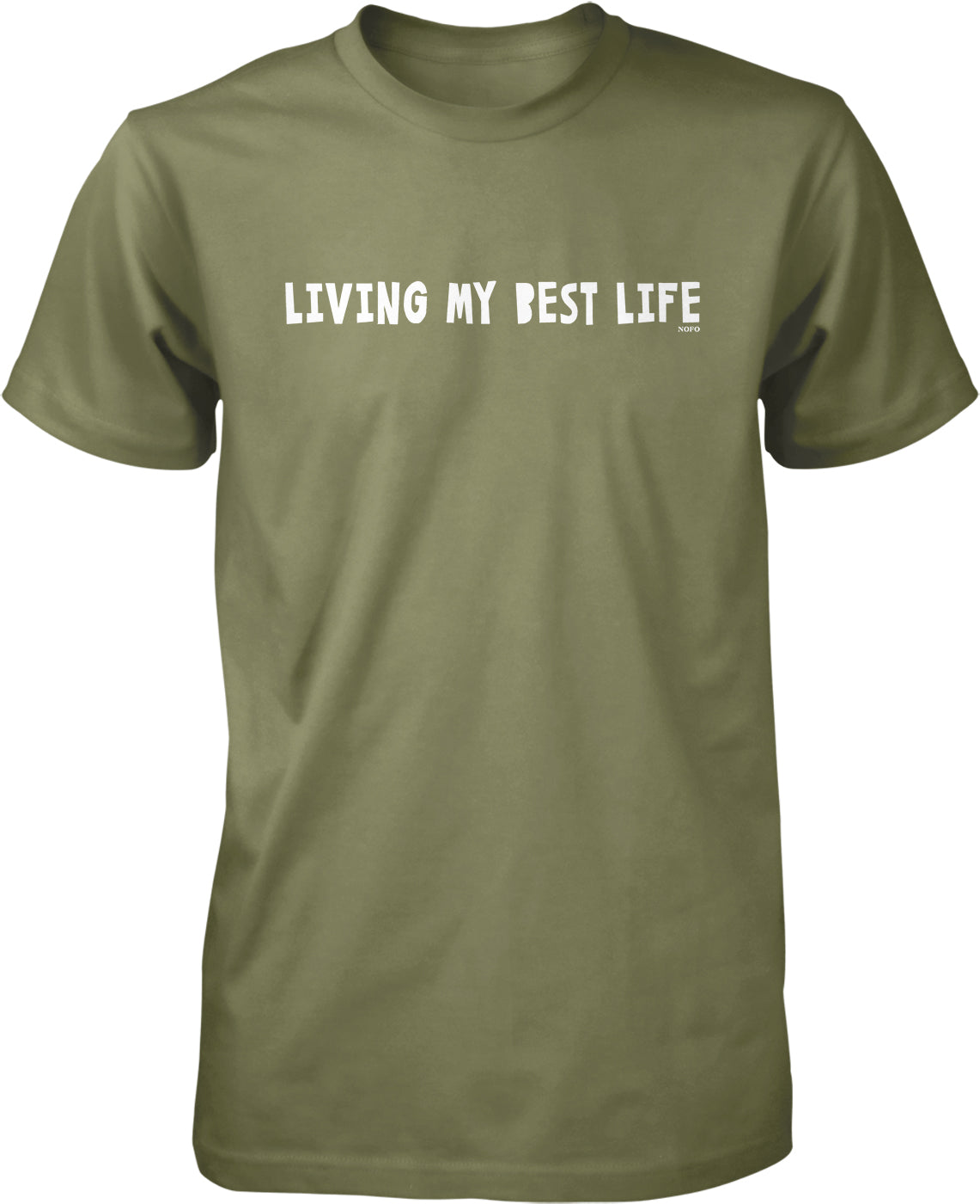 A green t-shirt with the text "LIVING MY BEST LIFE" printed on it.