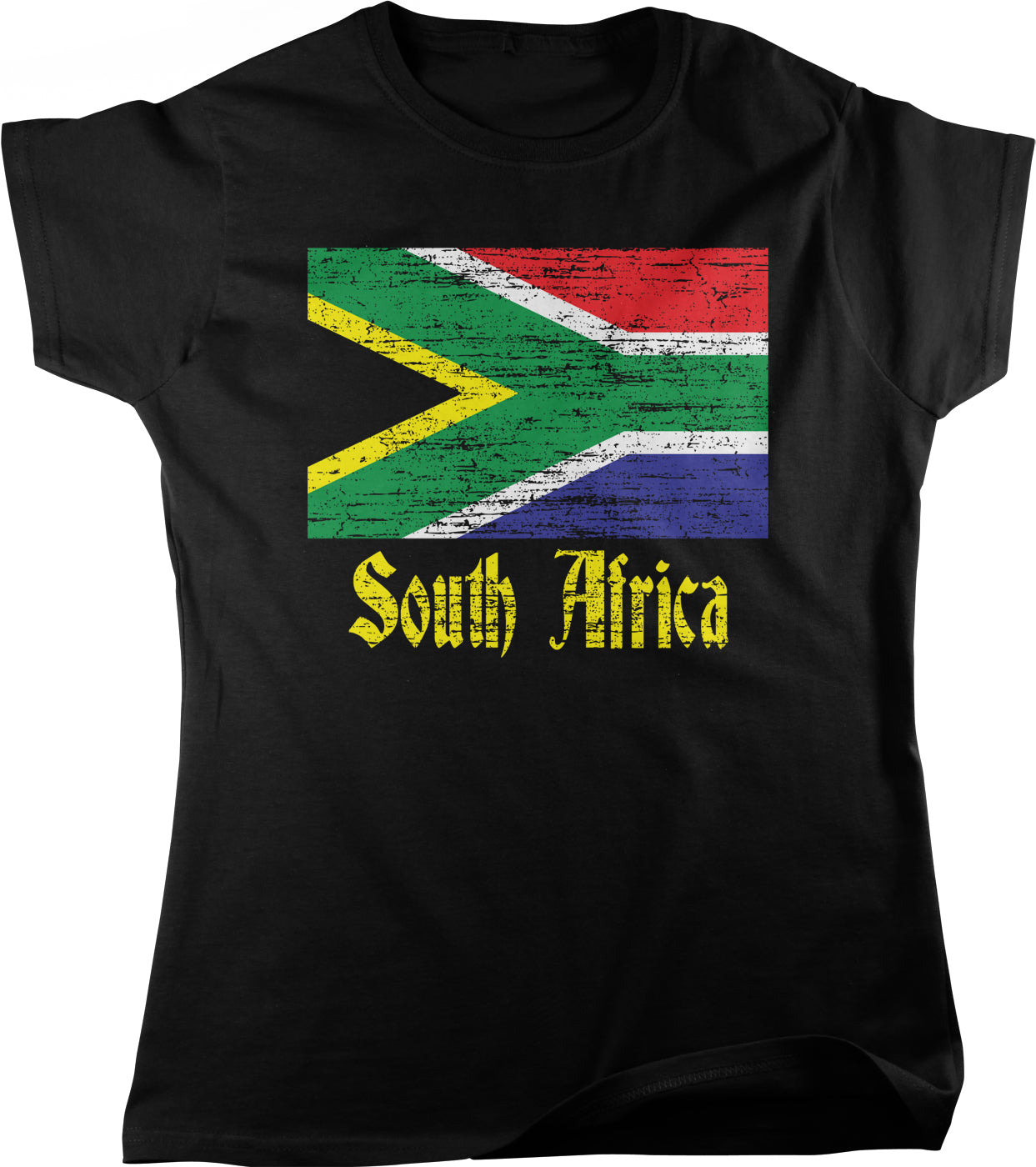 A black t-shirt with a graphic design featuring the flag of South Africa and the text "South Africa" printed on it.