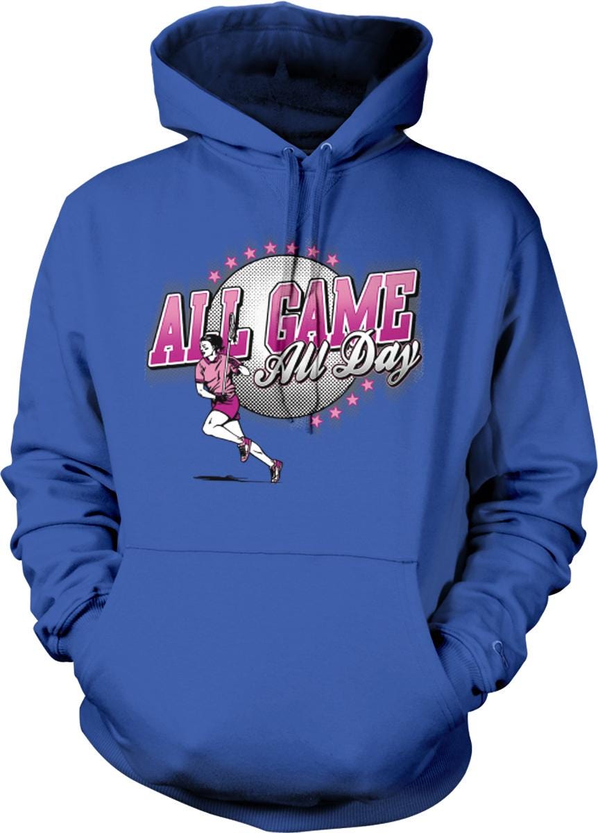 A blue hoodie with a graphic design featuring a person running and the text "ALL GAME ALL Day" printed on it.