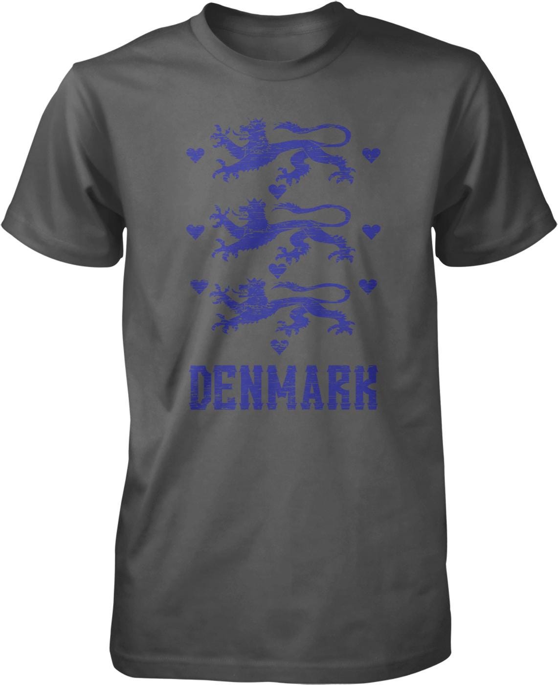 A gray t-shirt with a graphic design featuring a blue lion and heart pattern, along with the word "DENMARK" written in blue letters below the design.