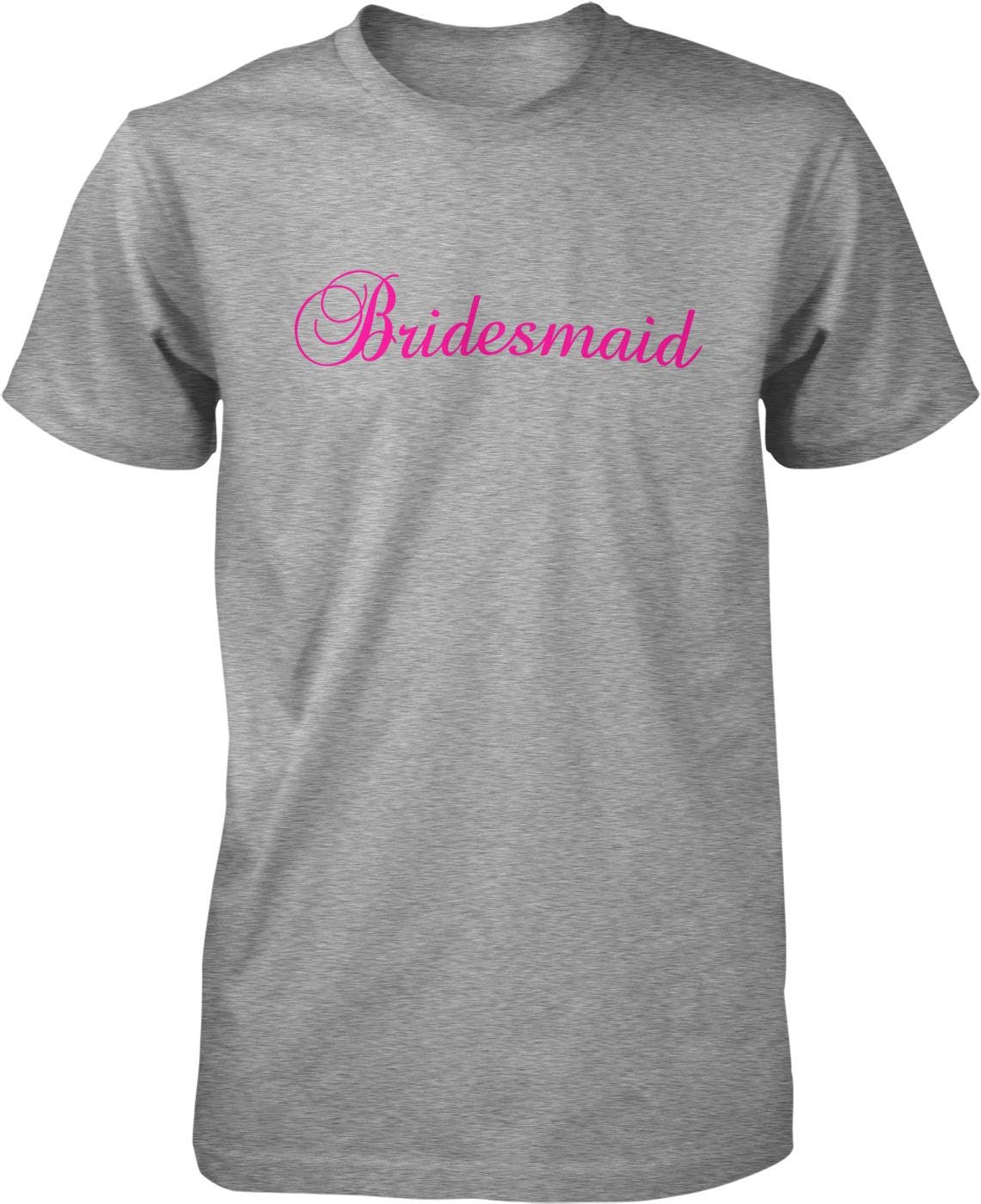 A gray t-shirt with the word "Bridesmaid" printed in pink cursive text across the front.