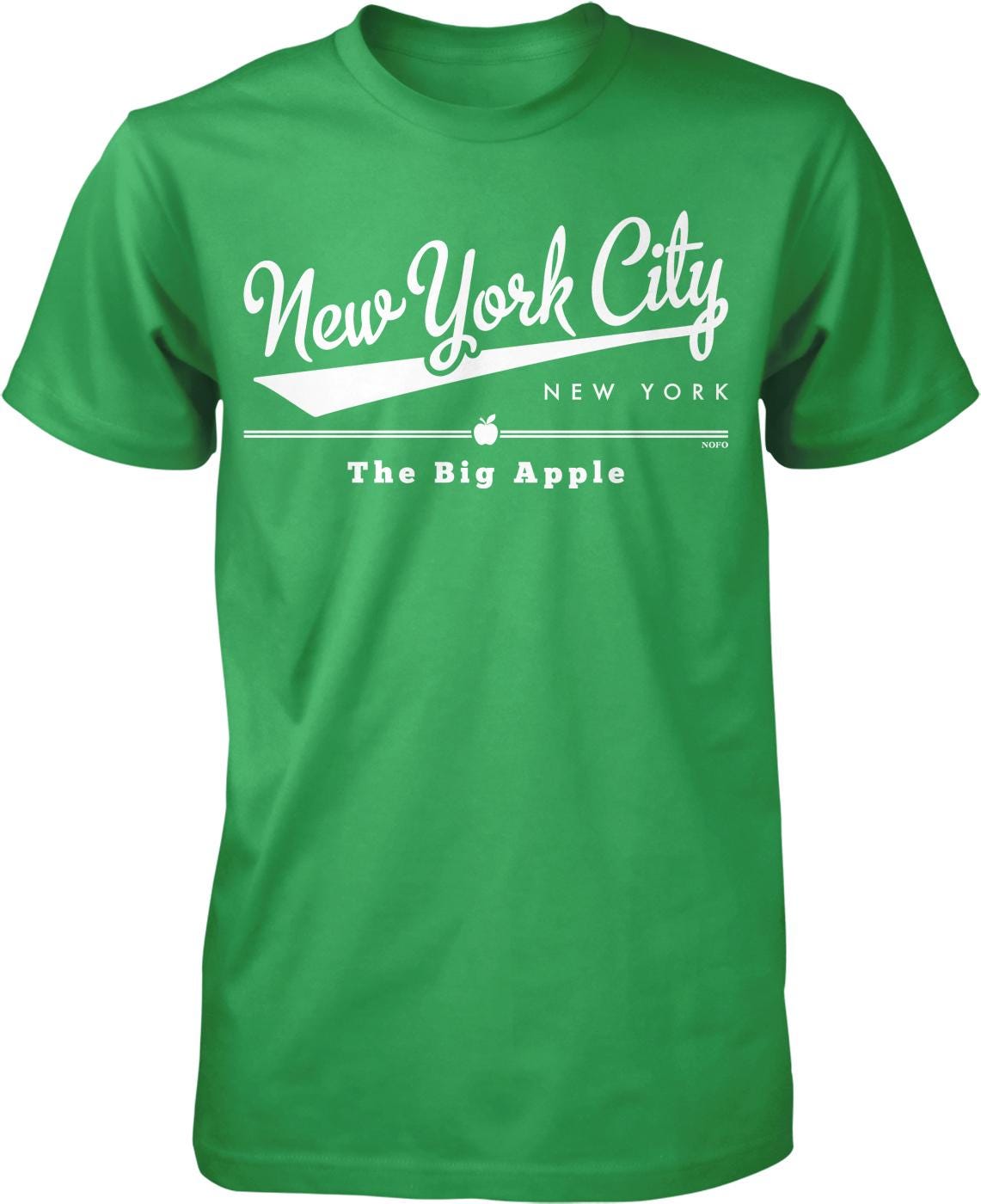 A green t-shirt with white text that says "New York City NEW YORK The Big Apple".