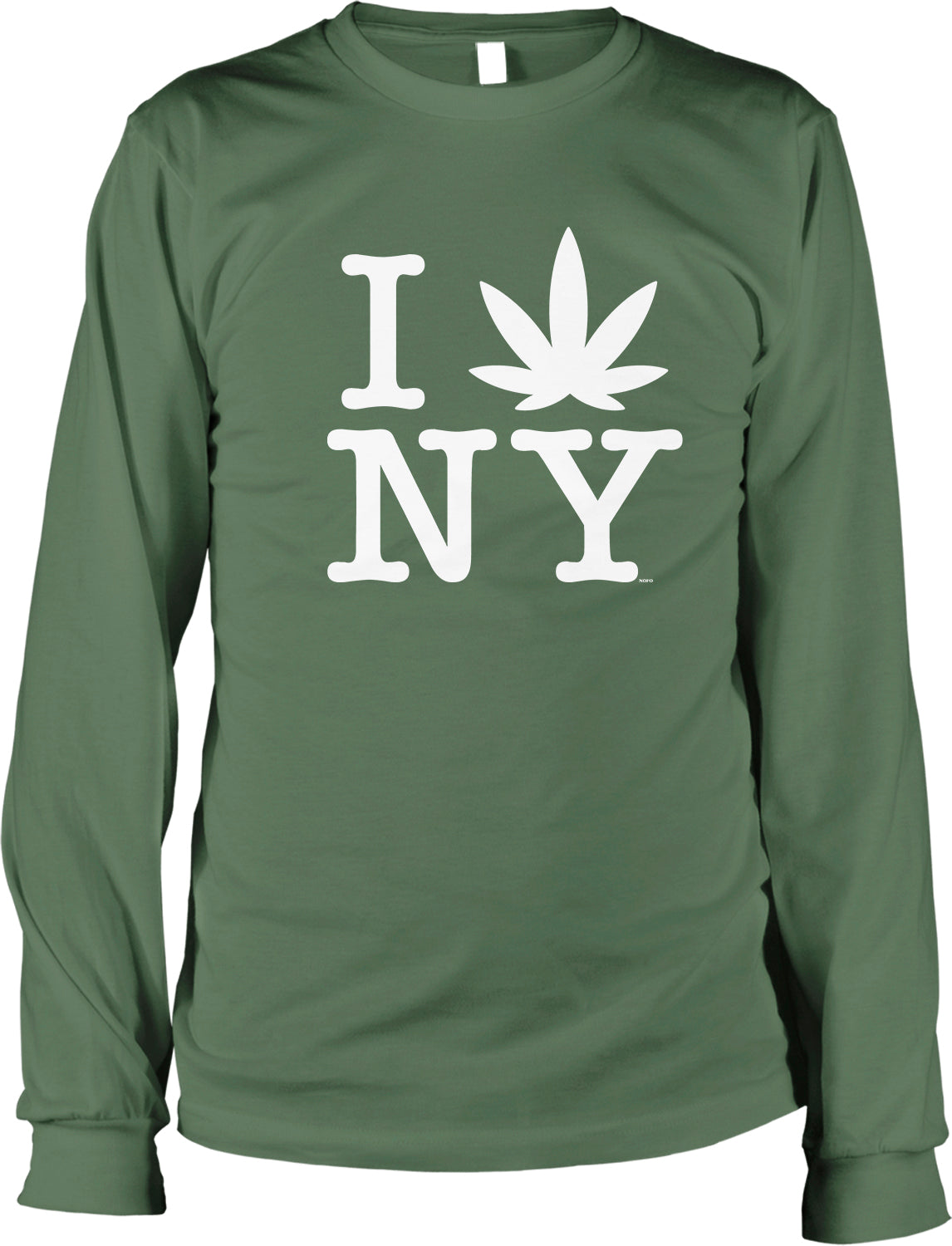A green long-sleeved t-shirt with the text "I [NY]" printed on it, along with a white marijuana leaf graphic.