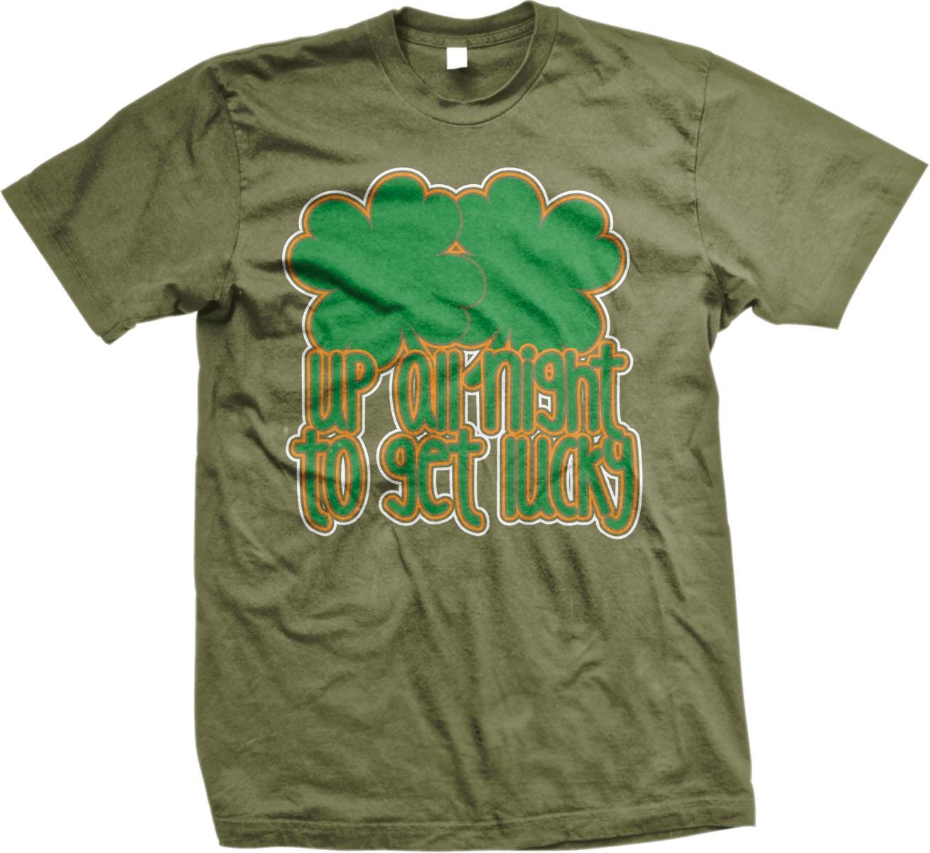 A green t-shirt with a graphic design featuring two four-leaf clovers and the text "UP QU'NIGHT TO GET LUCKY" printed on it.
