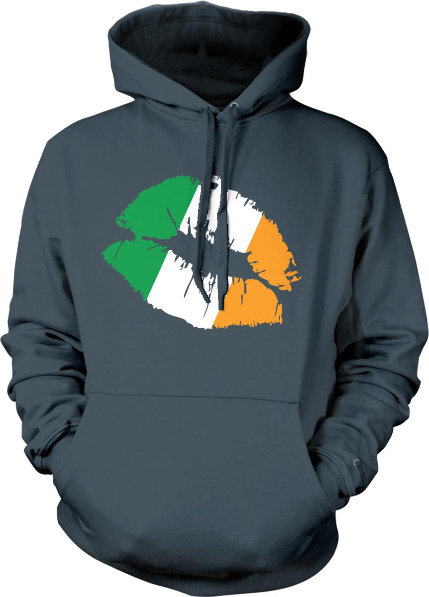 A gray hoodie with a graphic design featuring the colors of the Irish flag.