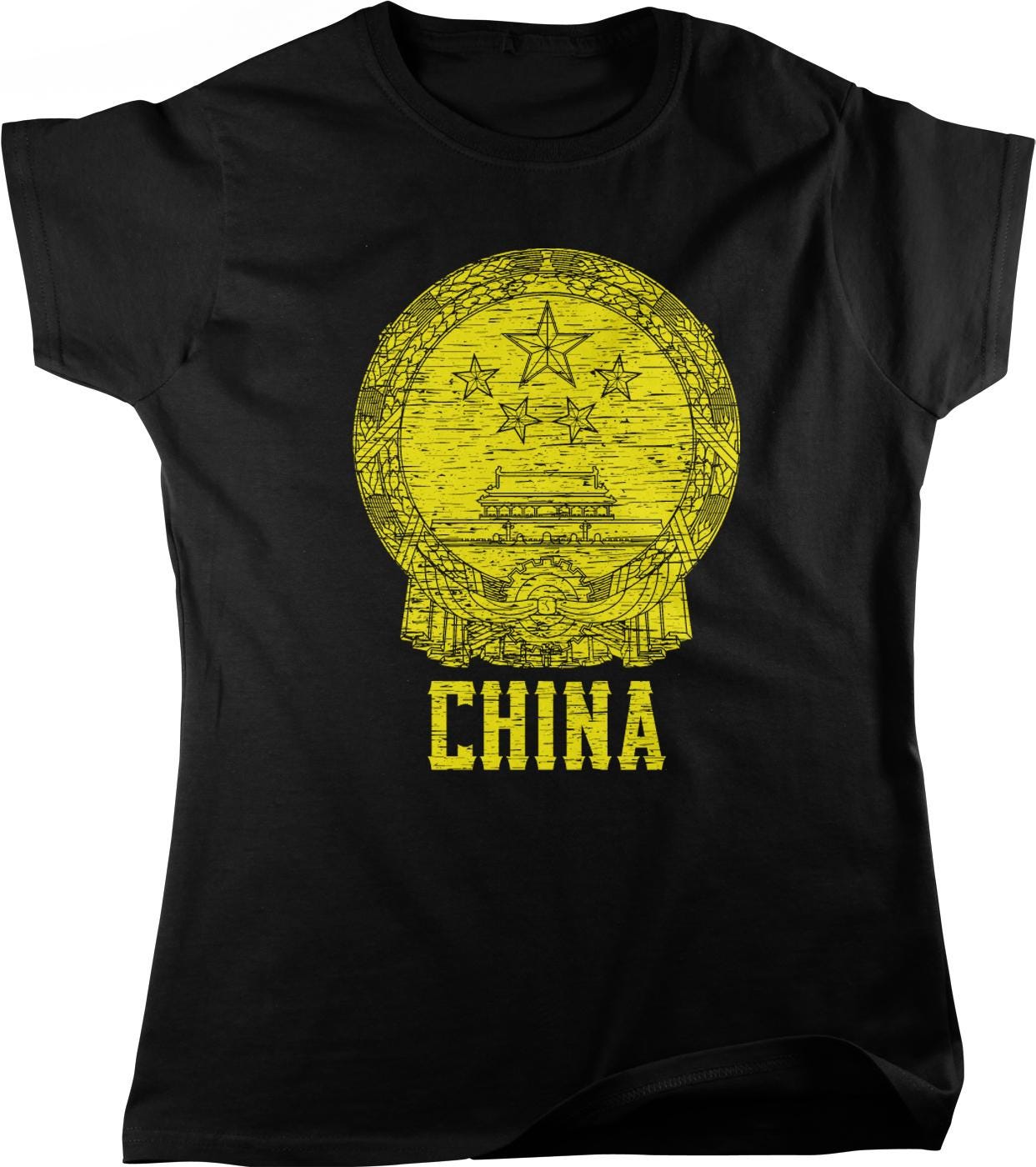 A black t-shirt with a yellow graphic design depicting a Chinese emblem or coat of arms.