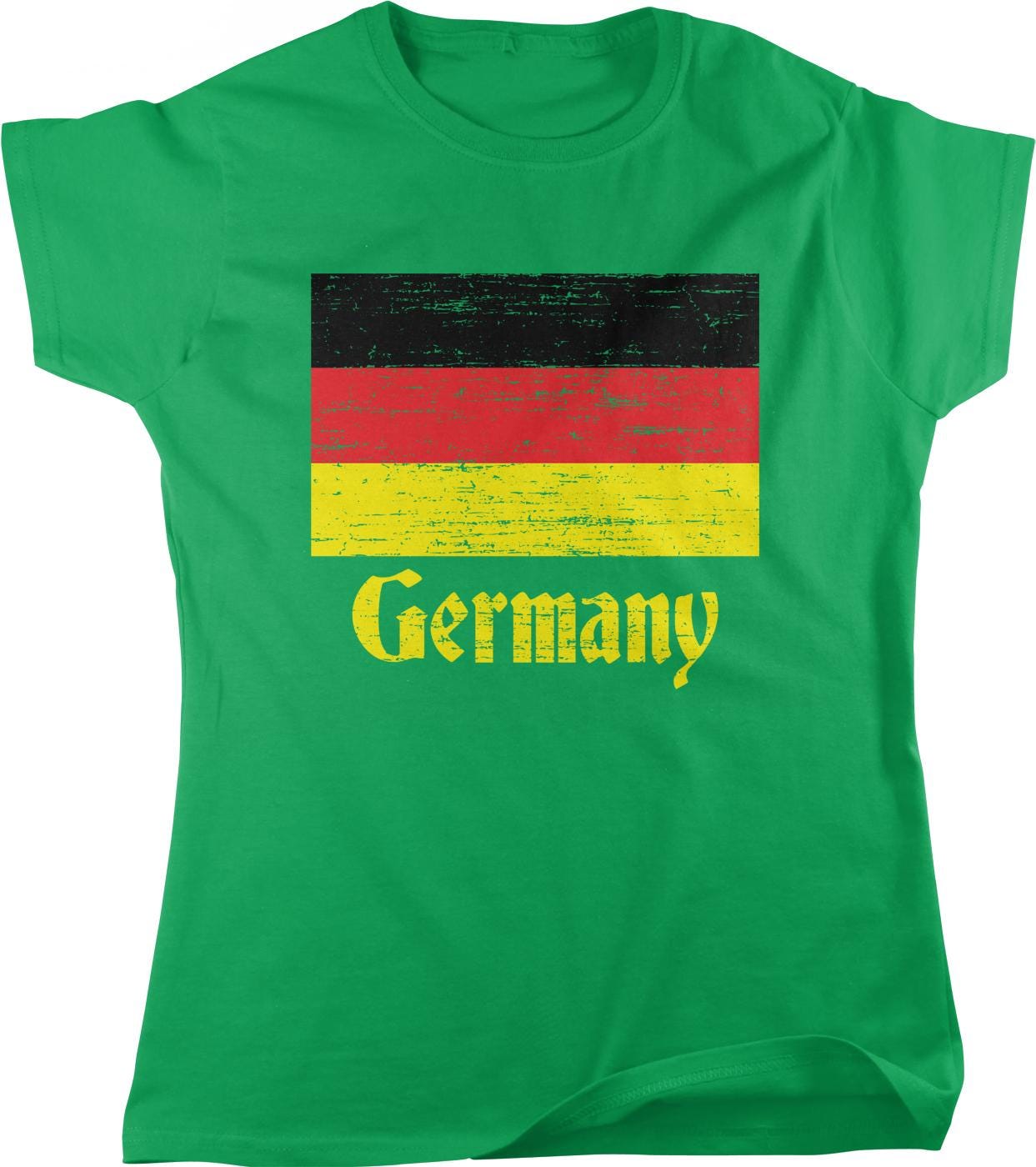 A green t-shirt with a graphic of the German flag and the word "German" printed on it.