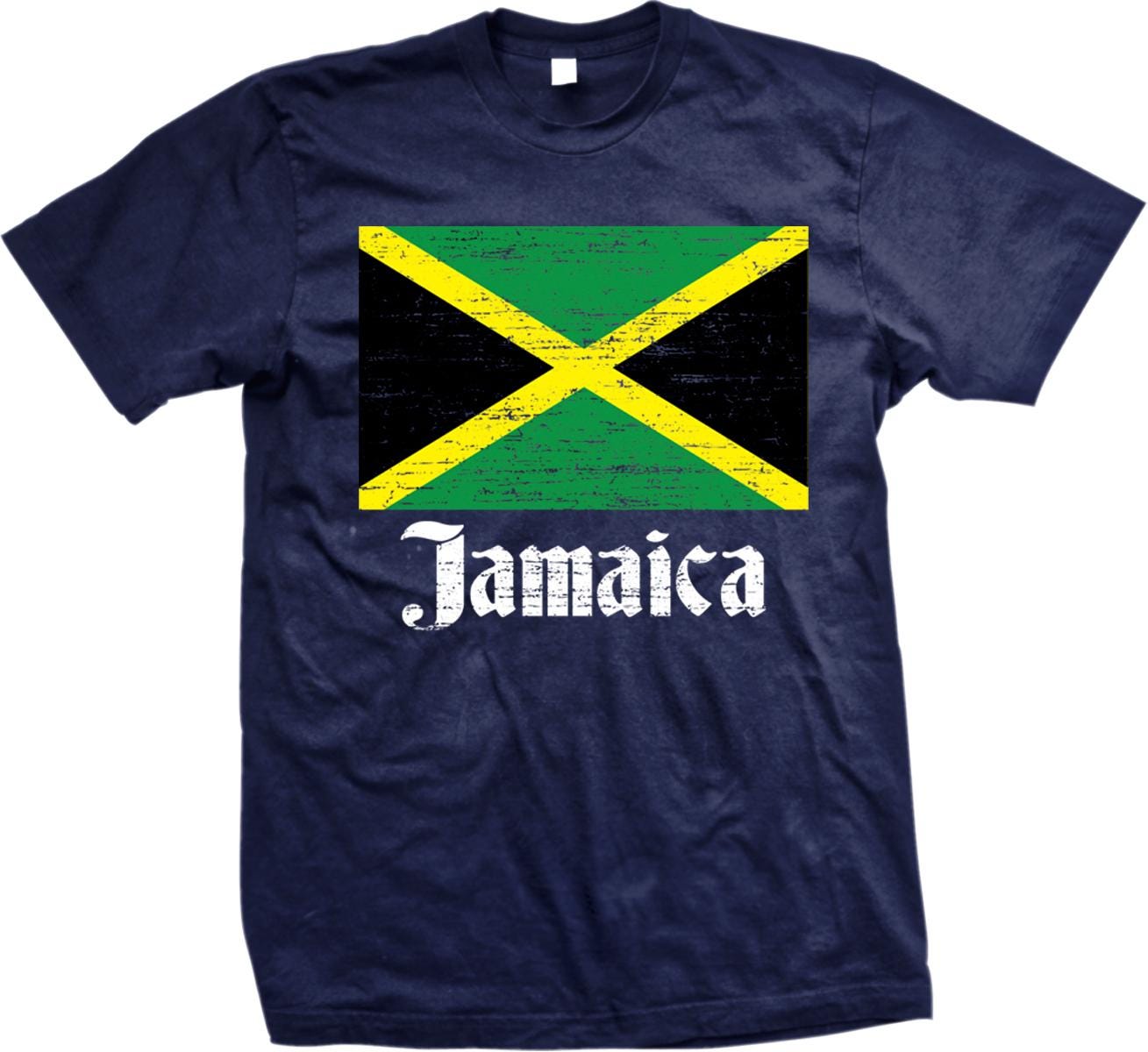 A navy blue t-shirt with a graphic of the Jamaican flag and the word "Jamaica" printed on it.