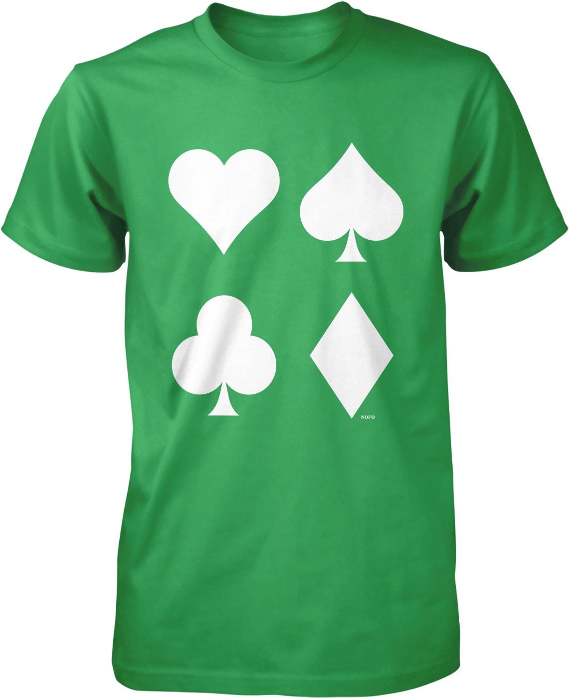 A green t-shirt with four white playing card symbols printed on it.