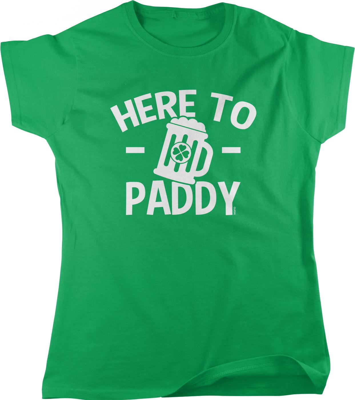 A green t-shirt with the text "HERE TO PADDY" printed on it.