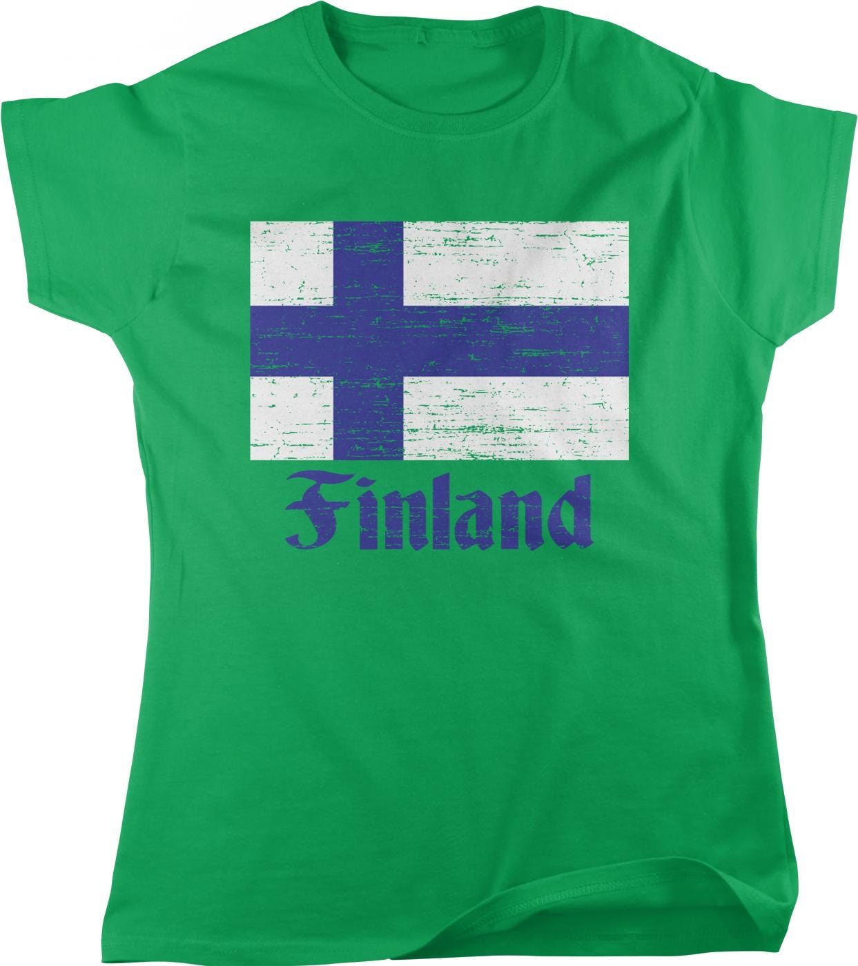 A green t-shirt with a graphic design of the flag of Finland and the word "Finland" printed on it.