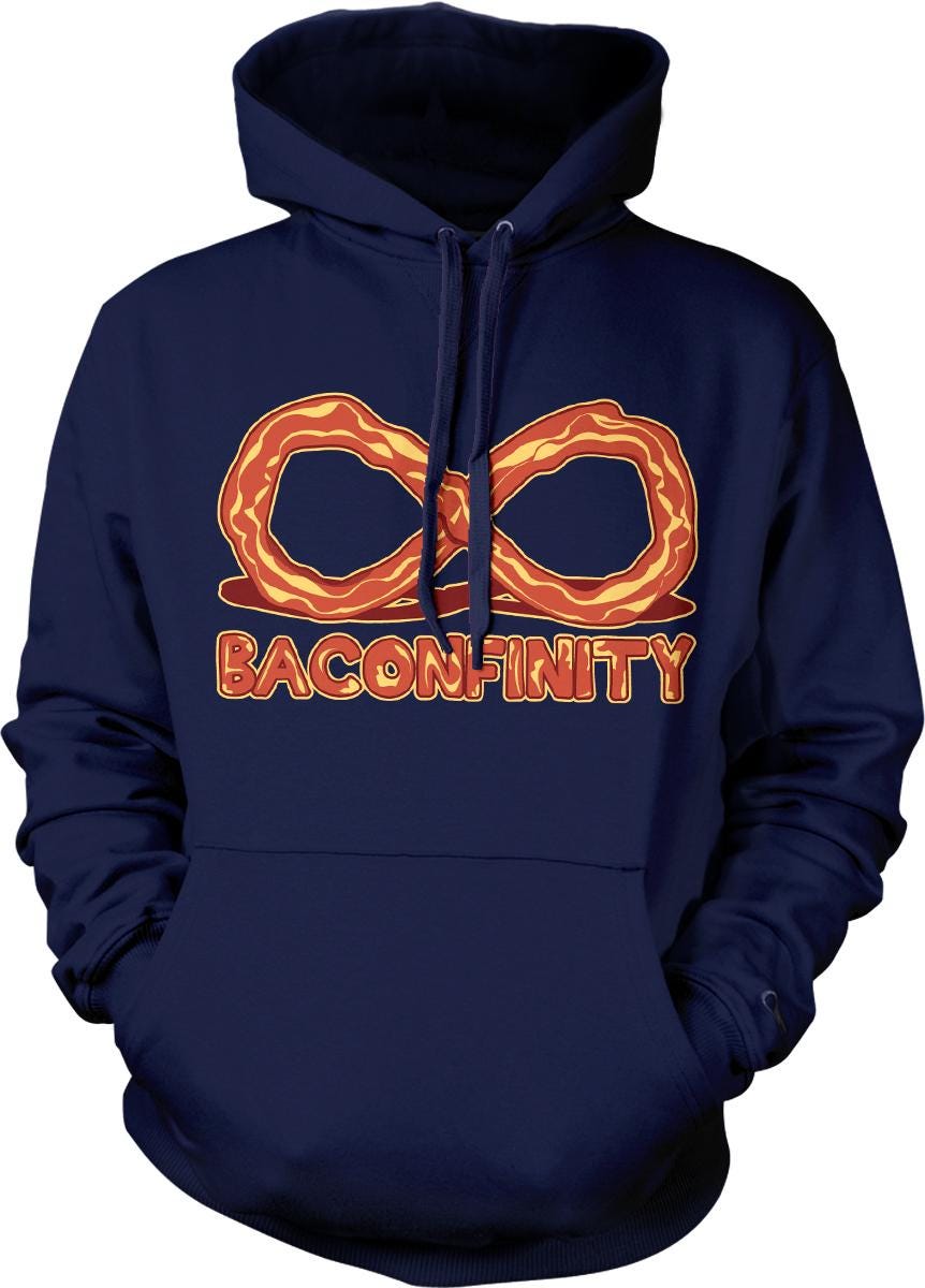 A navy blue hoodie with a graphic design featuring a large bacon-flavored pretzel and the text "BACONFINITY" printed on it.