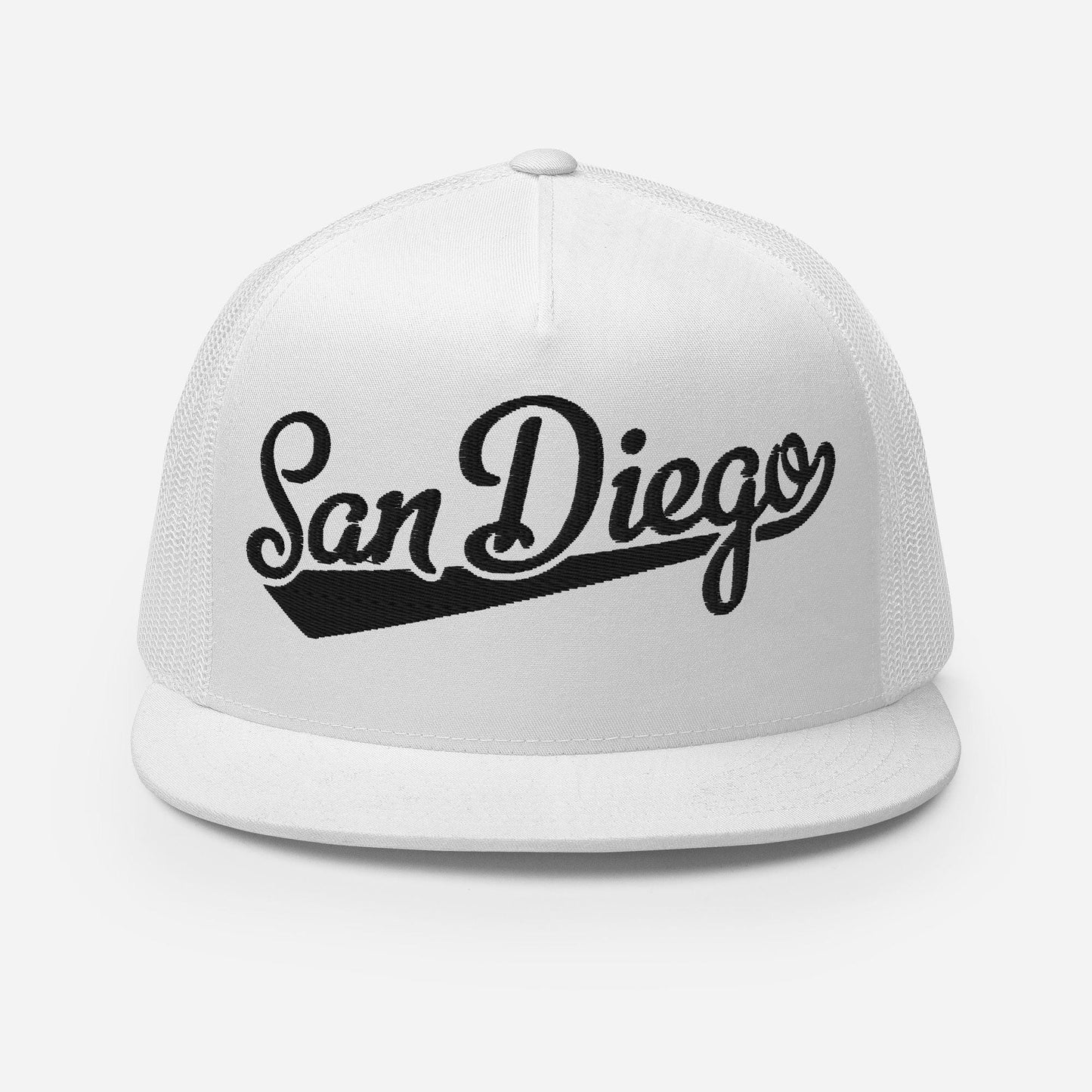 Snapback Trucker Hat - San Diego Script Baseball Five Panel Cap With Breathable Mesh