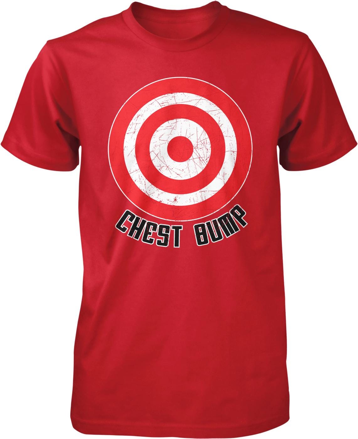 A red t-shirt with a white target design and the text "CHEST BUMP" printed on it.