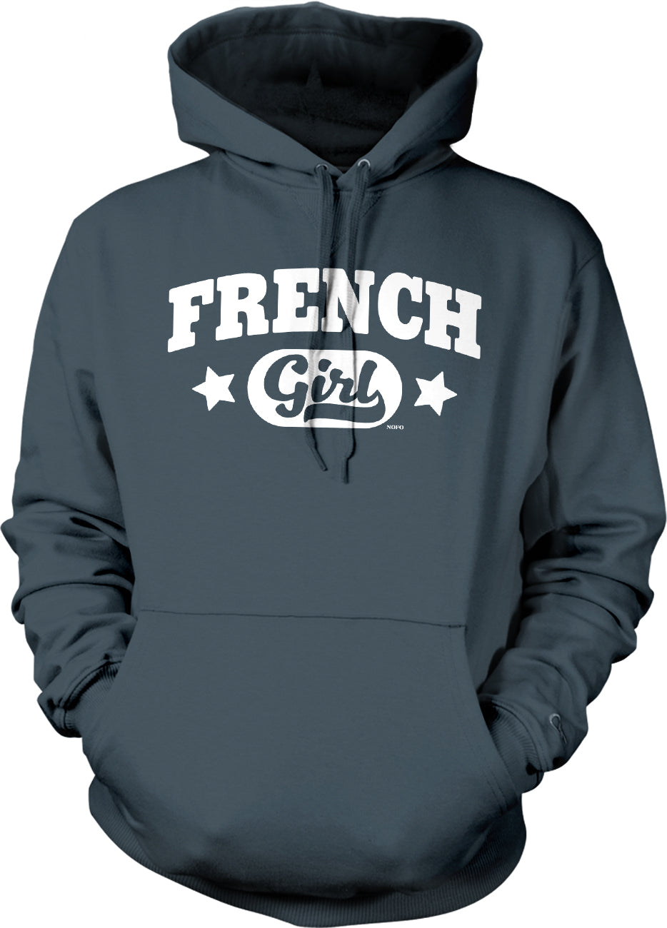 A dark grey hoodie with the text "FRENCH GIRL" printed on it in white.