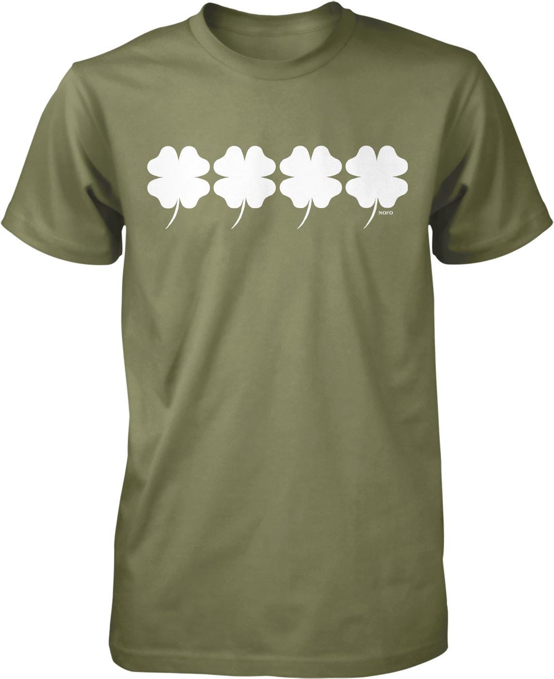 A green t-shirt with a graphic design of four white four-leaf clovers arranged in a row.