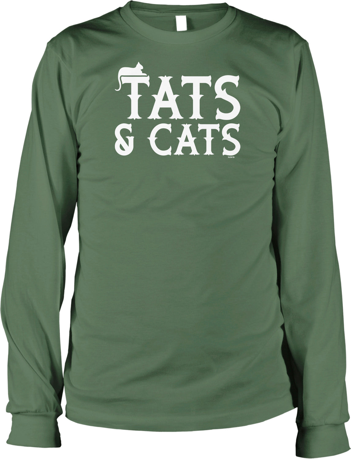 A green long-sleeved shirt with the text "TATS & CATS" printed on it in white letters.