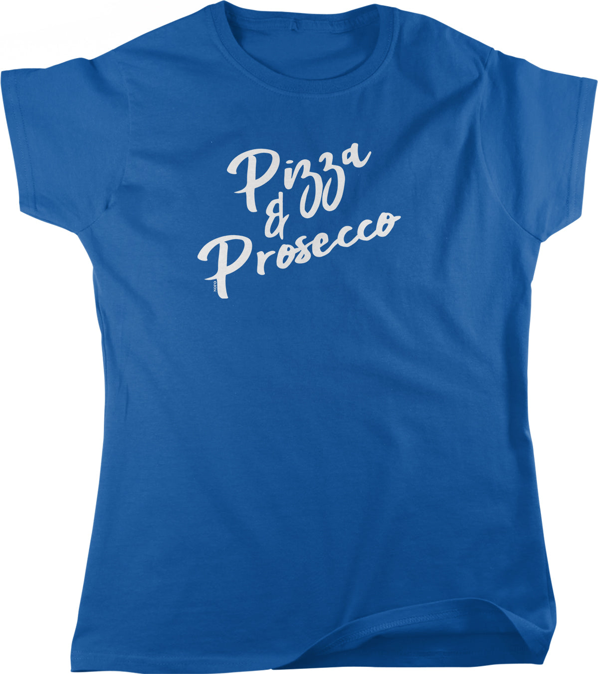 A blue t-shirt with the text "Pizza & Prosecco" printed on it in white lettering.