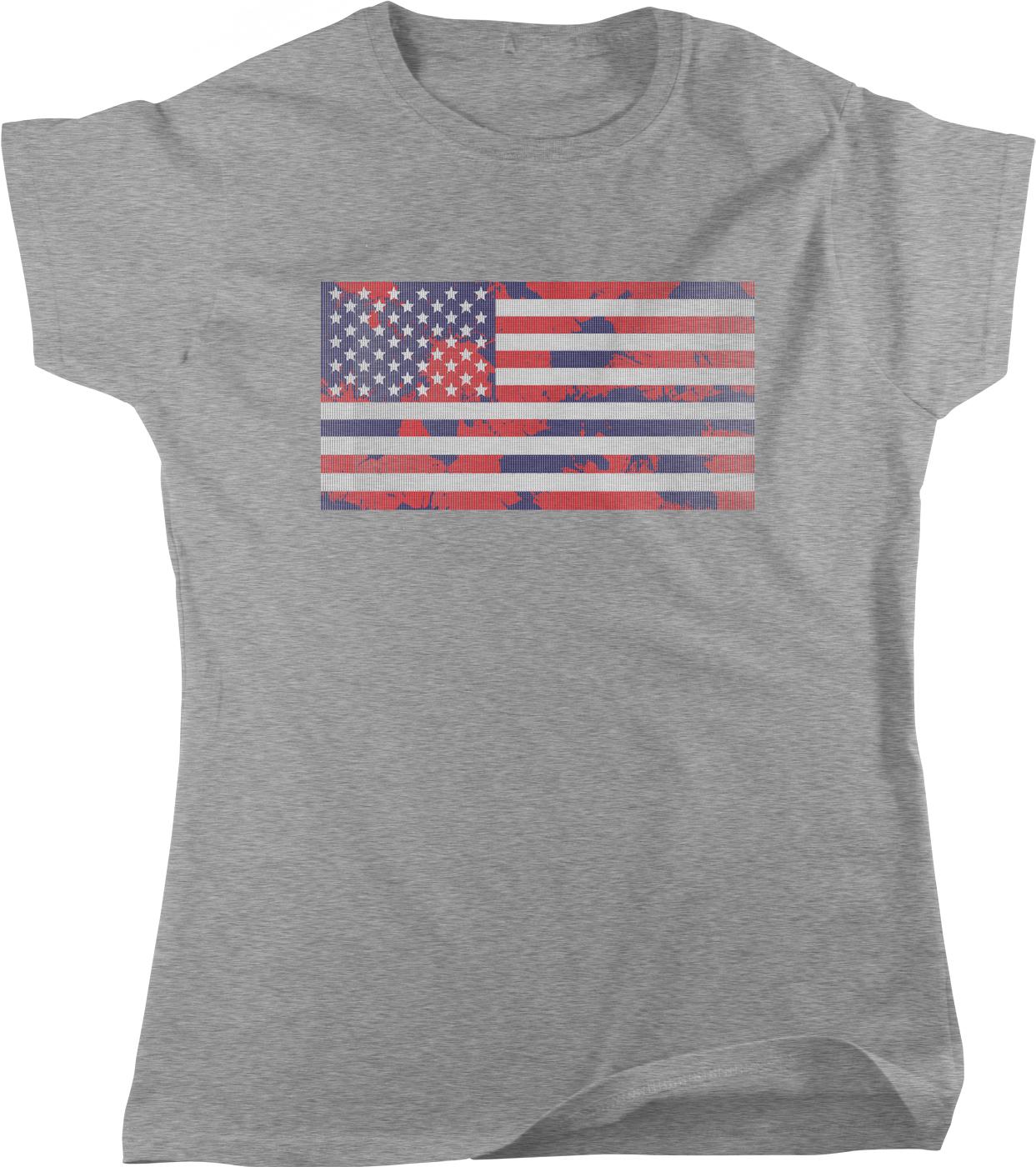 A gray t-shirt with a graphic of the American flag printed on it.